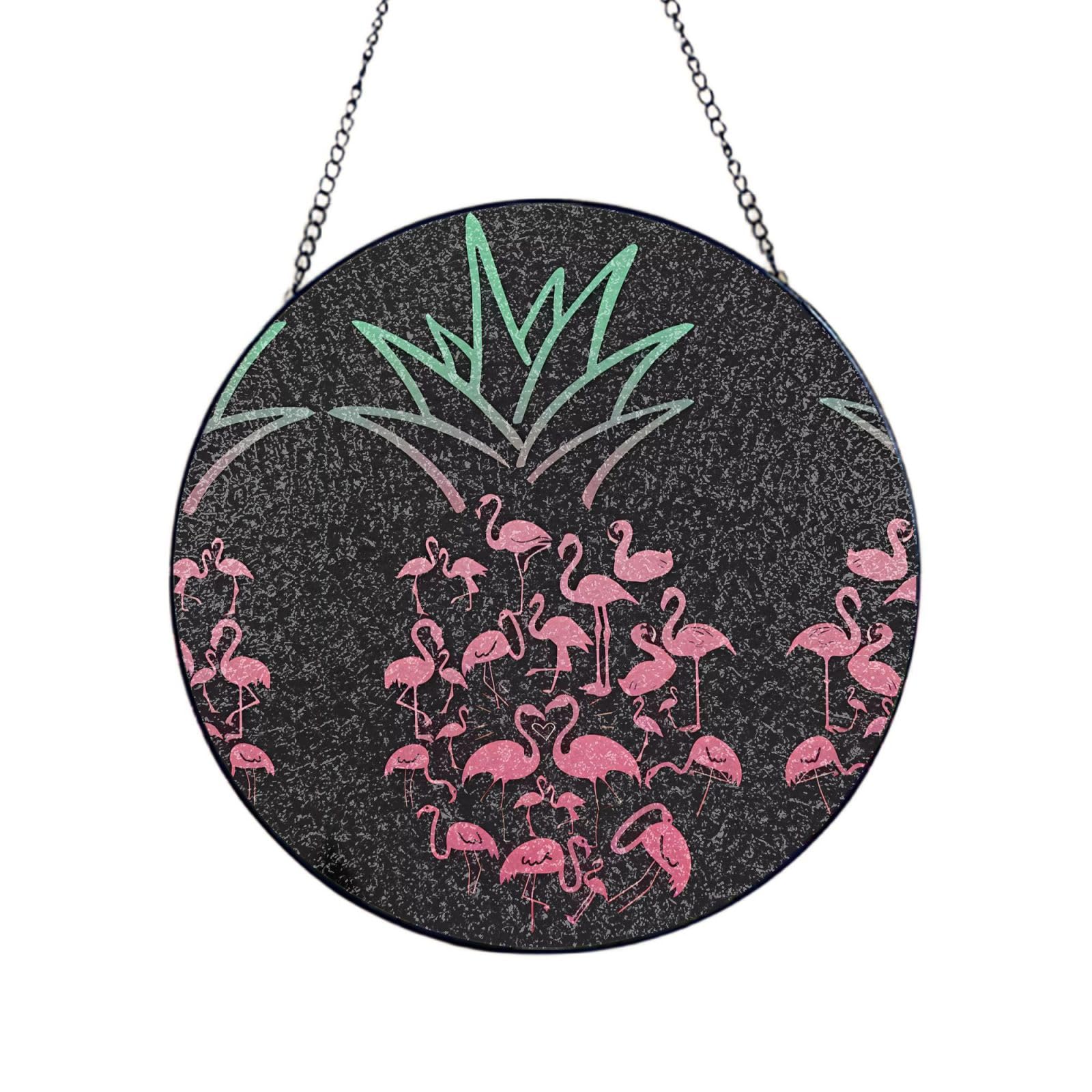 Phayah Pineapple Flamingos Print Glass Window Hanging Round Suncatcher Glass Ornament Garden Wall Fence Decorations Indoor Outdoor 12in（30cm）