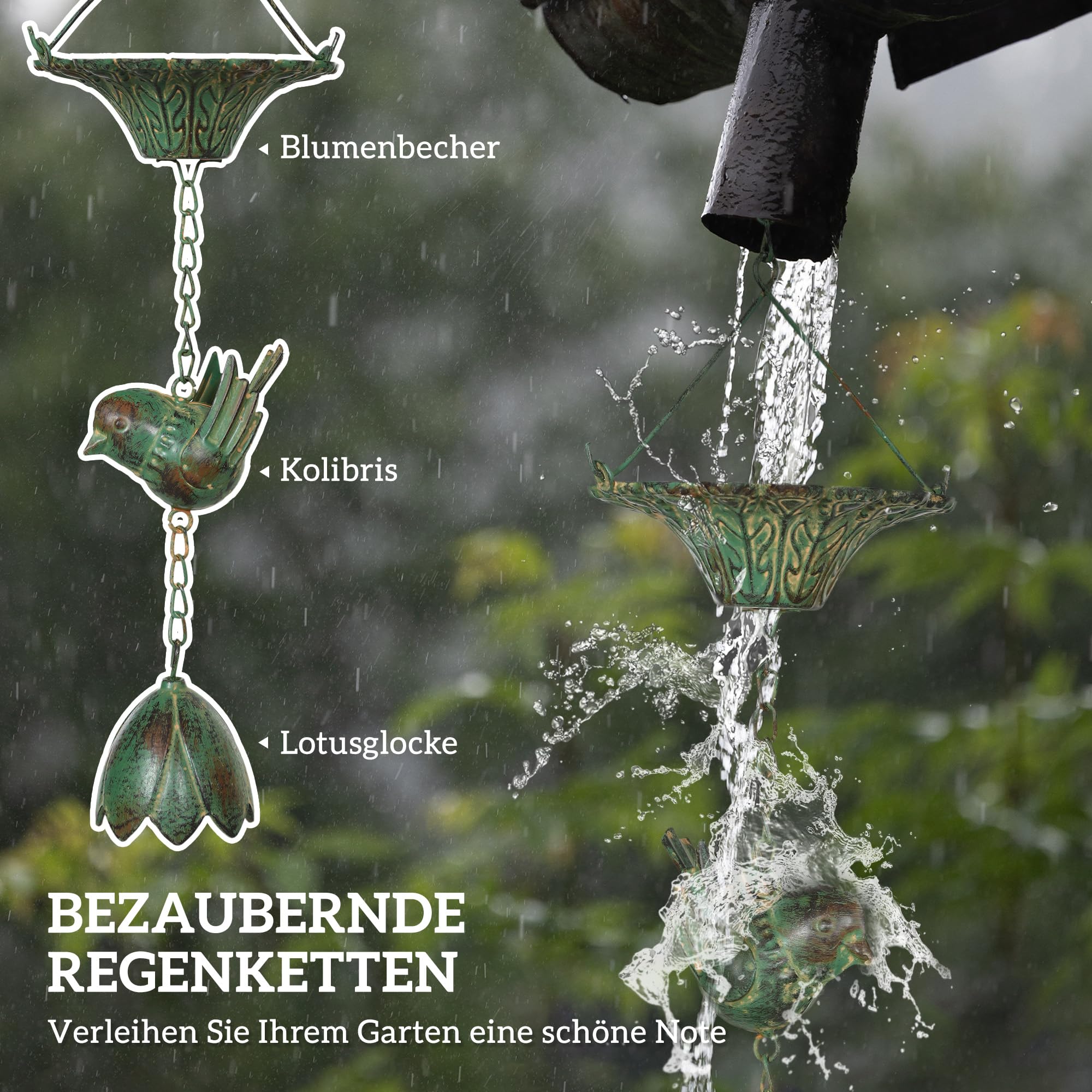 Outsunny Zestaw 3 łańcuchów przeciwdeszczowych 123 cm z metalu z zamocowaną zawieszką | Łańcuch spustowy deszczówki, łańcuch odpływowy, łańcuch do rynien dachowych, łańcuch na wodę deszczową, do rynien dachowych