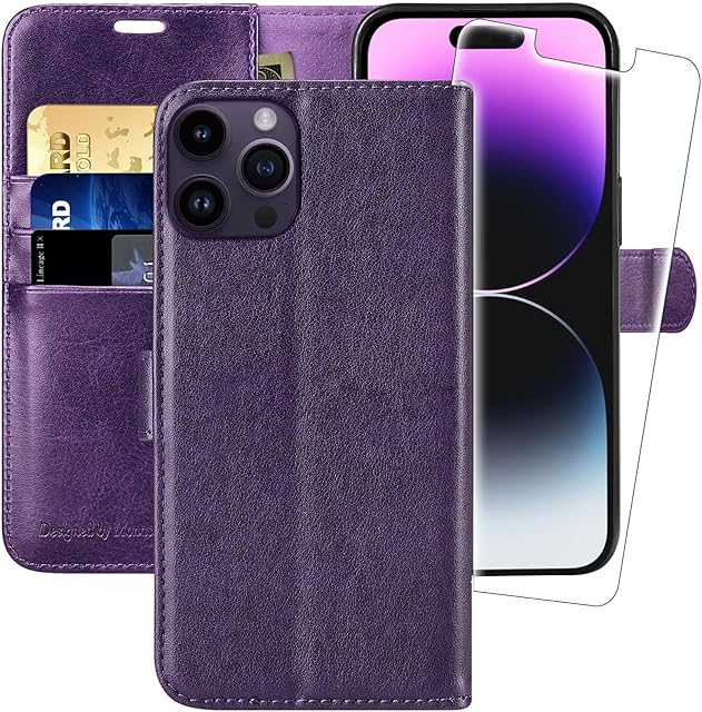 MONASAY Wallet Case for iPhone 14 Pro 5G,[Glass Screen Protector Included] [RFID Blocking] Flip Folio Leather Cell Phone Cover with Credit Card Holder for Apple iPhone 14 Pro 6.1-inch Purple