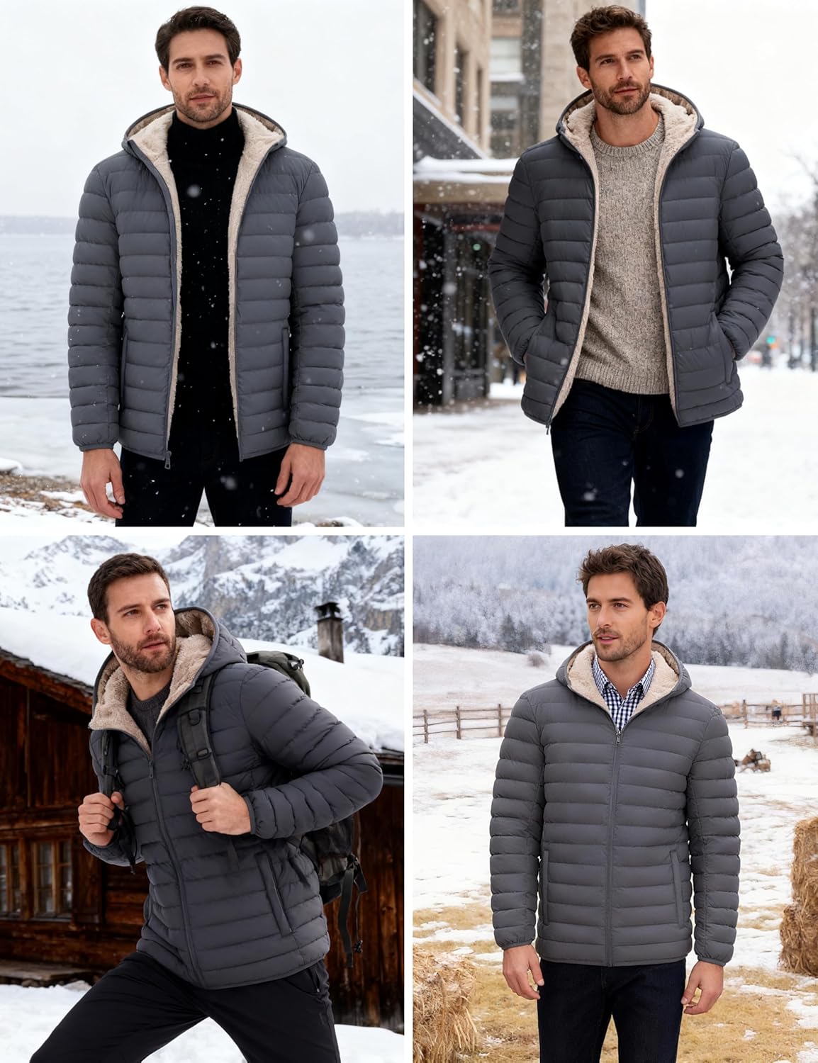 Cotrasen Mens Puffer Jacket Sherpa Lined Water Resistant Hooded Full Zip Mid-Weight Warm Insulated Winter Coat