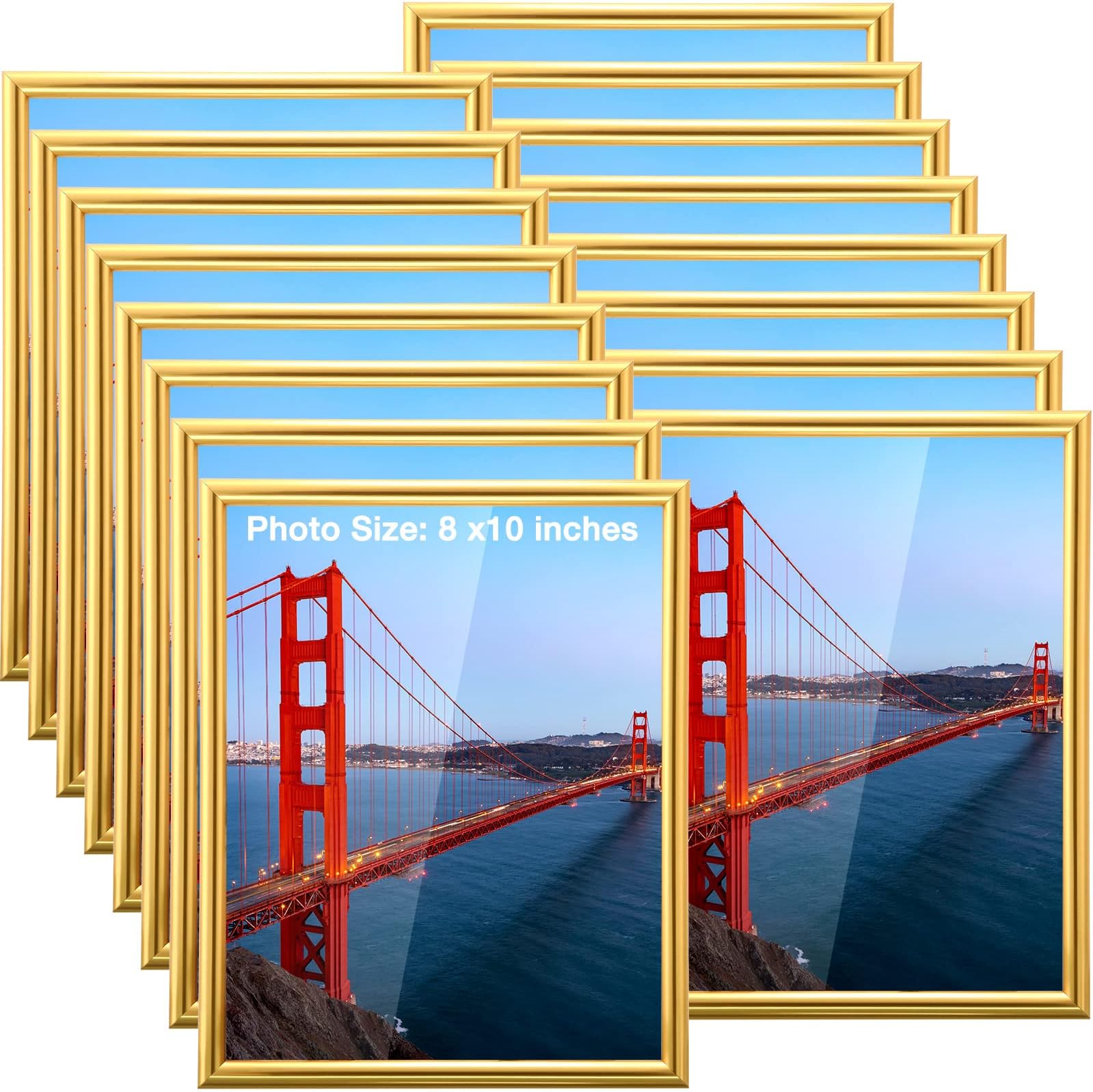Kathfly 16 Pcs Picture Frames Simple Designed Photo Frames Modern Gold Frames for Pictures with Resin Glass for Wall Mount Tabletop Display Home Office Hotel Decoration (8 x 10 Inch)