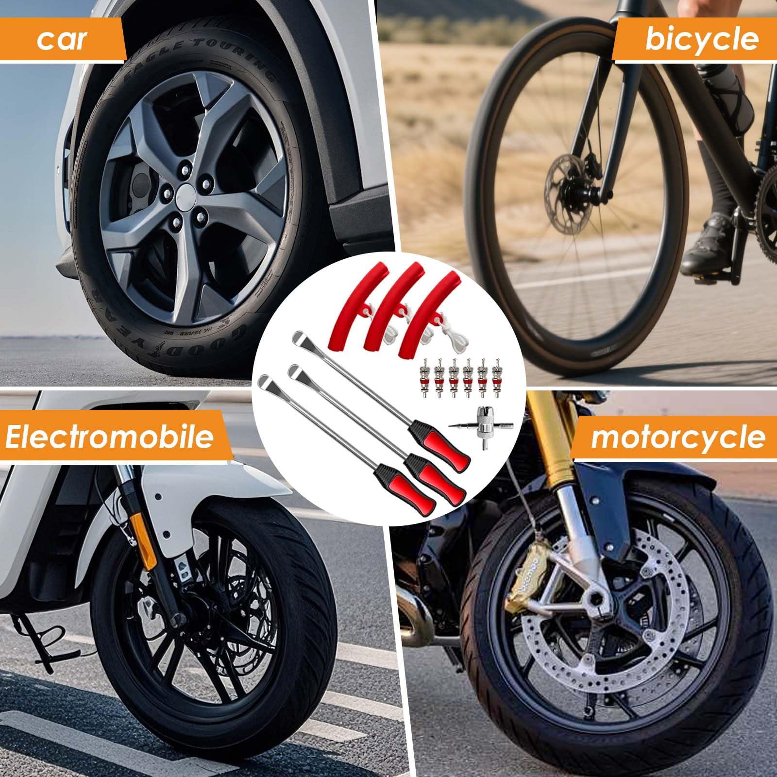 Kit Smontagomme Moto, Leve per Gomme Lunghe in Acciaio con Protezione Cerchi - Set Cambio Gomma per Motorino, E-Scooter e Bici - Include Leve, Proteggi Cerchi, Chiave Valvole e Borsa
