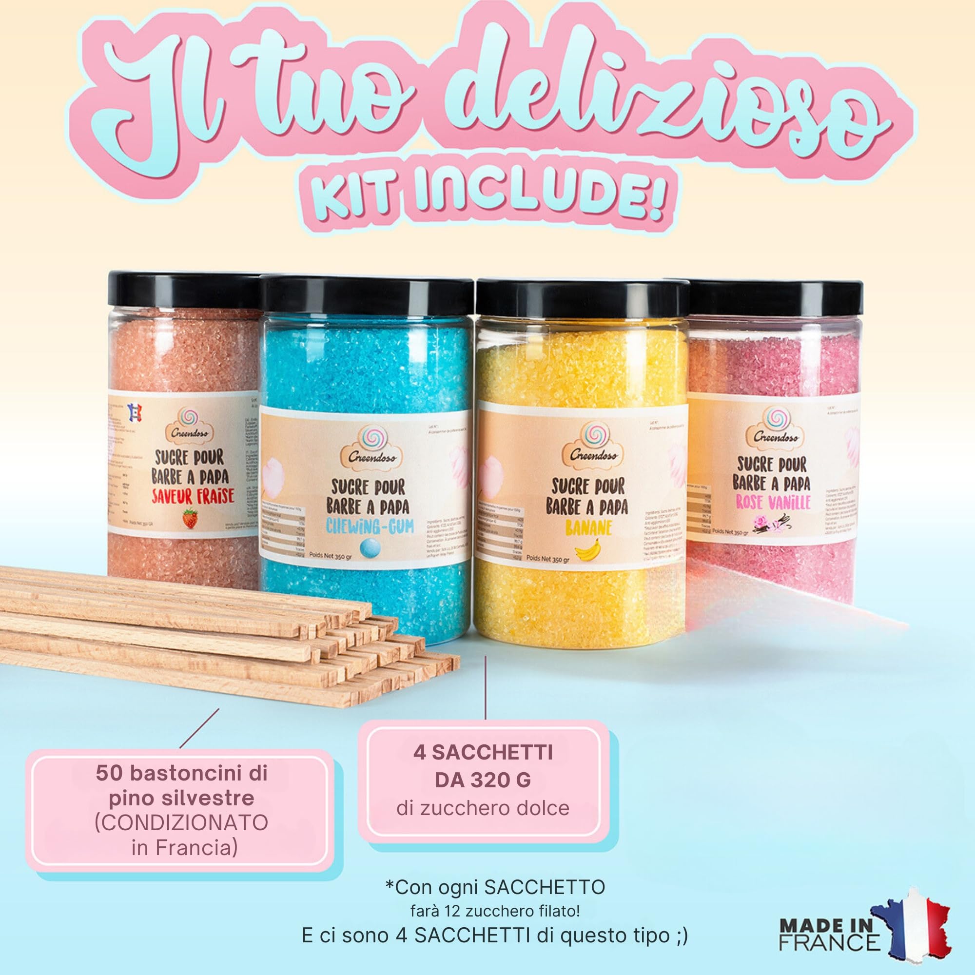 GREENDOSO® Zucchero per Zucchero Filato (4x320 gr) - Set di 4 Gusti (Fragola / Bubble Gum / Banana / Vaniglia) - 50 Bastoncini