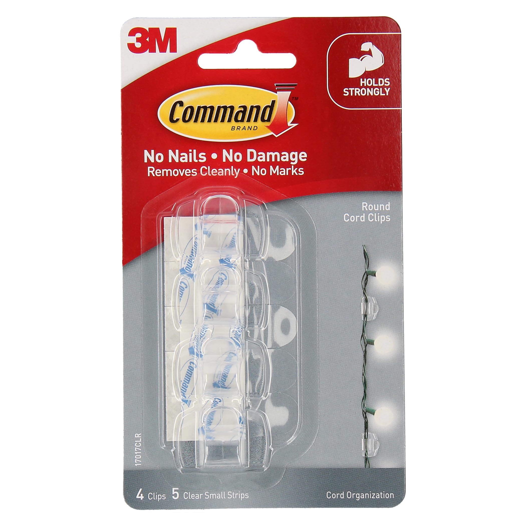 3M Command Round Cord Clips, No paint damage, Hold Strongly, Reusable, Adhesive Hooks For cord organisation, Multi-Surface (Transparent, 4 clips, 5 Strips)