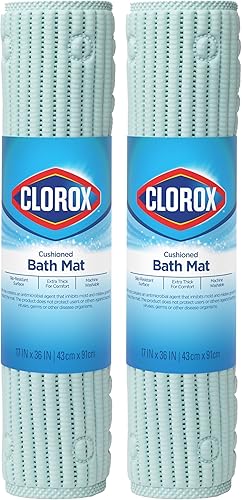 Duck Brand Clorox - Tapete de baño para bañeras, tapete antideslizante para bañera con ventosas, 17 x 36 pulgadas, azul cielo, paquete de 2
