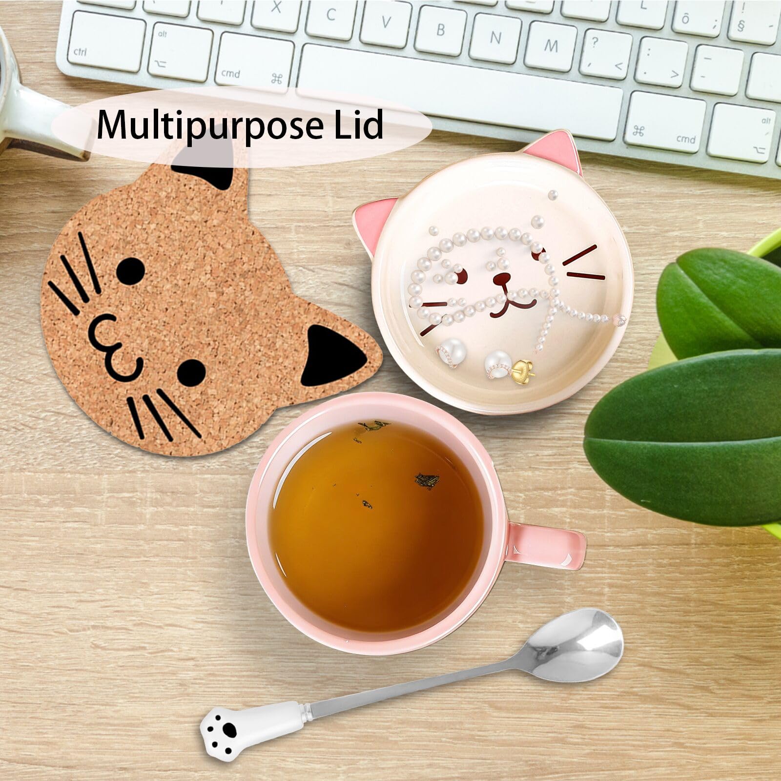 Regalos para mujeres,tazas de café Kawaii de gato rosa con tapas,regalos de cumpleaños de Navidad para niñas,amigos,mamá, taza de té de cerámica de animales novedosos,juego de platillos de postre