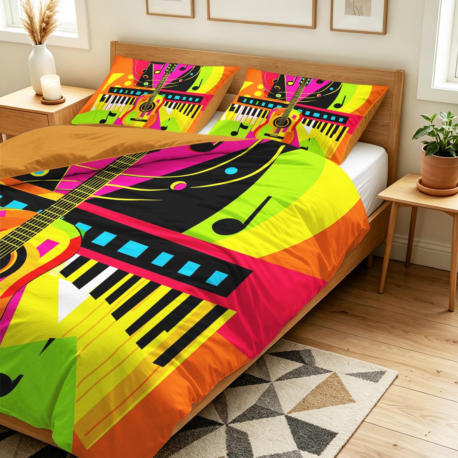 Rock Music Ropa de cama de 200 x 200 cm, 3 piezas, juego de funda nórdica – Pop Art guitarra piano partituras suave microfibra reversible ropa de cama con 2 fundas de almohada, naranja
