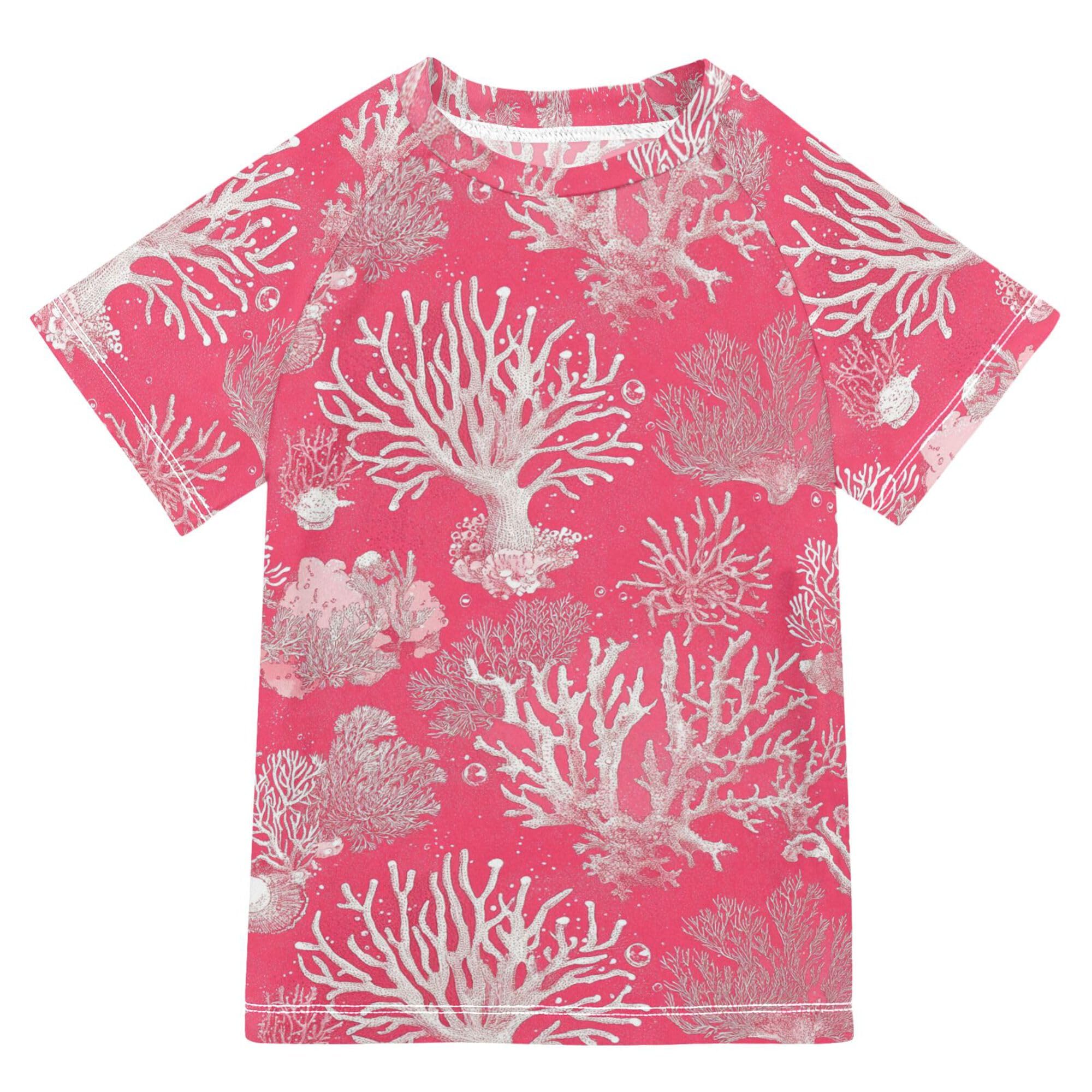 Art Coral Hot Pink Girls Bathing Suit Sun Protection Rashguard Girls Swimwears Workout Shirts for Big Boy 5-6T