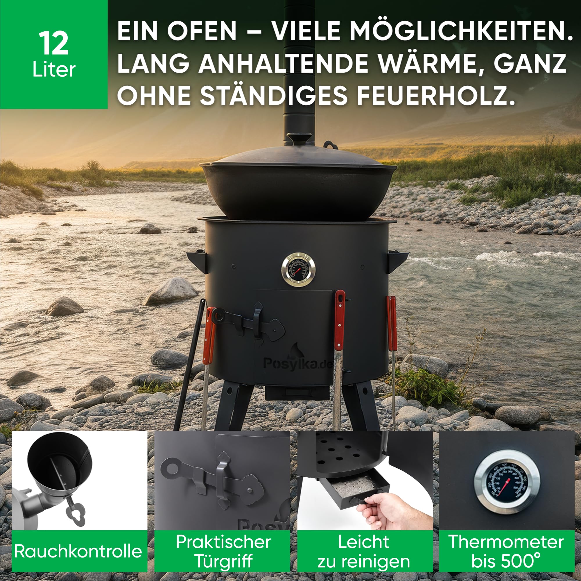 Utschak Uchag - Horno de fuego de 40 cm de diámetro, 2 mm, acero, 4 mm, Kazan, 12 L, base redonda con termómetro, cucharón para espumas Plov, Учак Учаг Uchag Asia (Set 508)