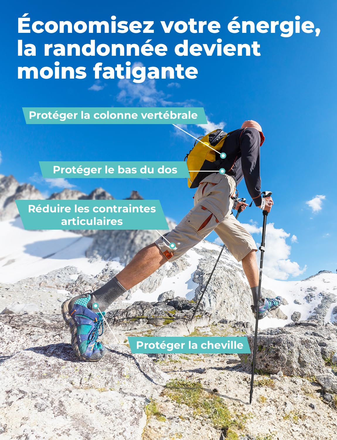 Glymnis Bâtons de Marche Bâtons de Randonnée en Aluminium 7075 Réglable de 36 à 130 cm et Fermeture par 4 Paires de Tampons en Caoutchouc pour Le Conditionnement du Trekking