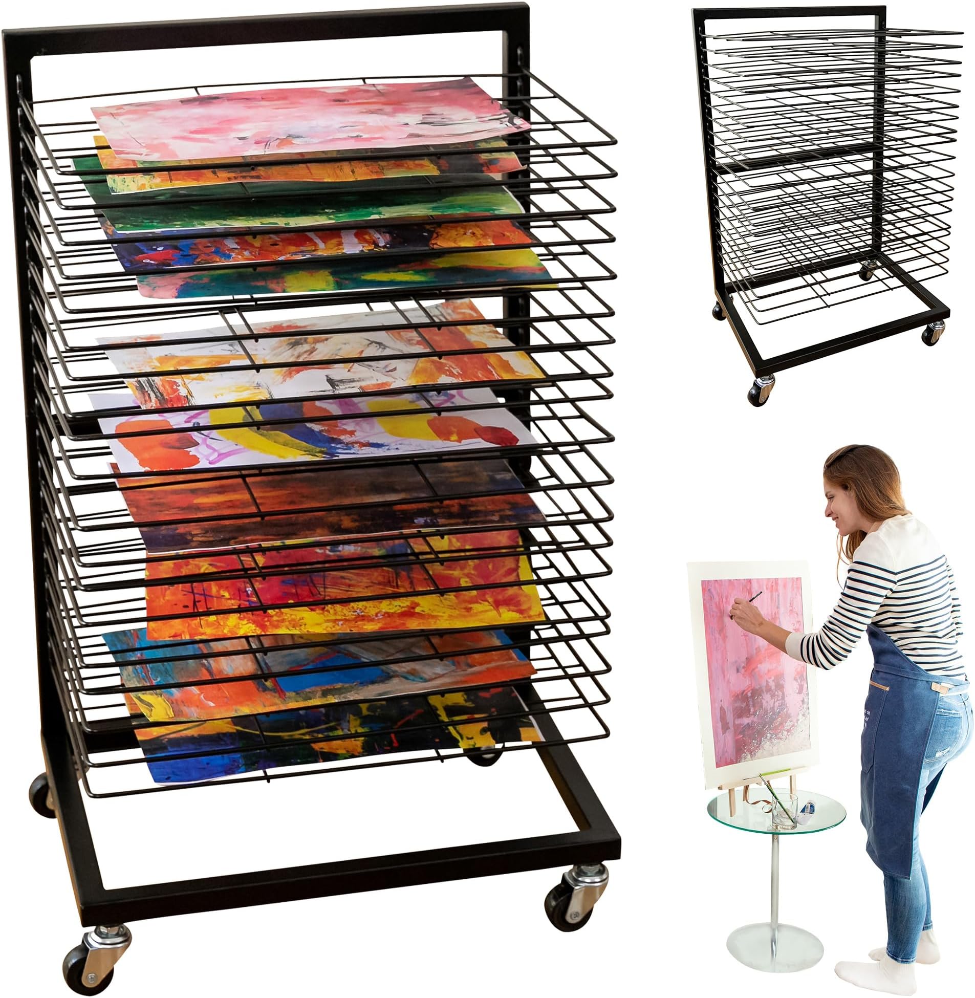 Art Drying Rack for Classroom | Functional & Mobile Paint Drying Rack | 25 Removable Shelves | Canvas Stand Art Storage | Painting Shelf with Wheels | Stack Stand for Painting, Drawings, and More