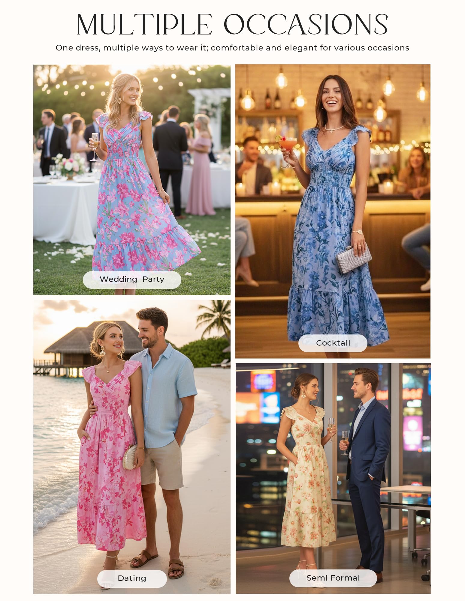 GRACE KARIN A-Linien Blumen Kleider Damen mit Tasche Sommerkleid Leicht | Chiffon Kleid·Blumen Maxikleid·Kleid Hochzeitsgast Damen Elegant Festliche| Rüschenärmel·V-Ausschnitt·Gefüttert·Taschen