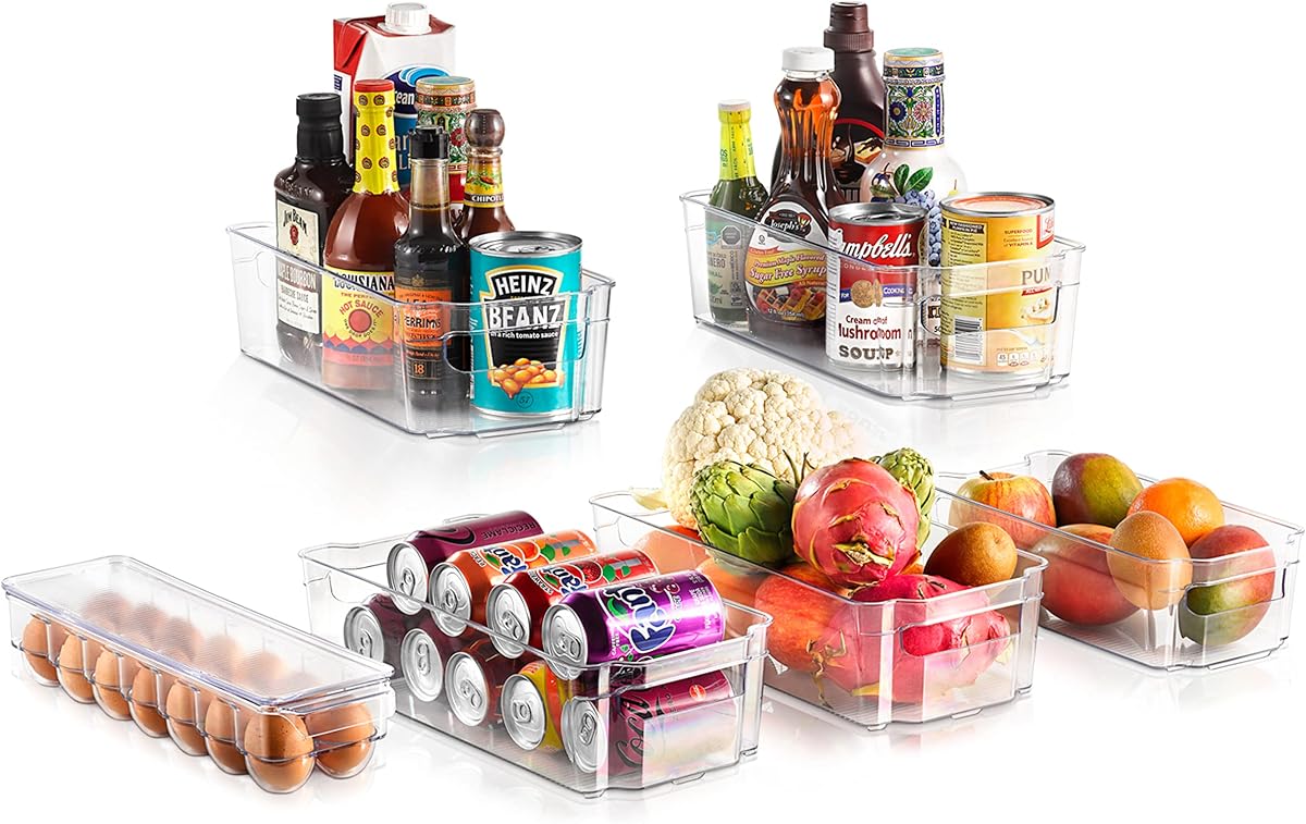 Contenedores organizadores para refrigerador, 6 piezas, contenedores de almacenamiento de plástico con soporte para huevos, para refrigerador, congelador, cocina, gabinete, encimeras, despensa, contenedores apilables para alimentos y bebidas, 14,5 x 7 pulgadas, transparente