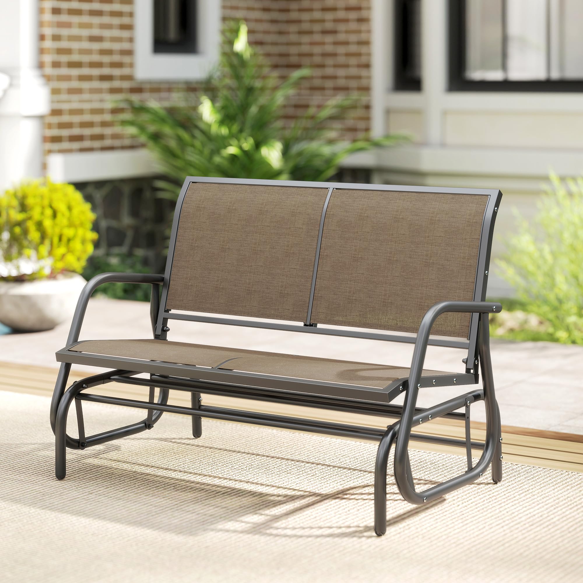 Outsunny Panchina a Dondolo da Giardino a 2 Posti, Panca da Giardino in Metallo e Tessuto a Rete Traspirante, per Balconi, Patio, Terrazzo, 120x70x85cm, Marrone Chiaro