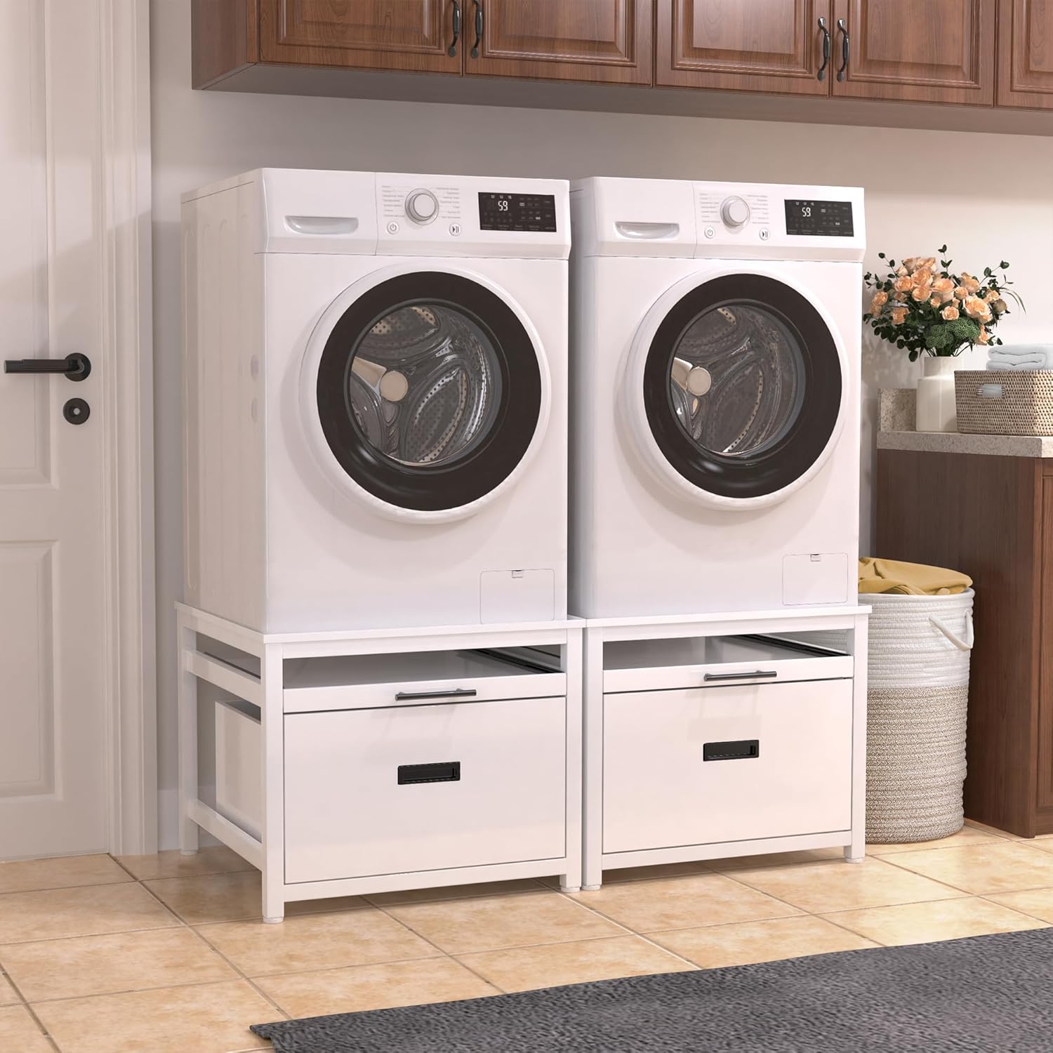 GDLF Washer Dryer Pedestal, 24.1" Laundry Pedestal for Compact Washing Maching, Washer and Dryer Stand with Shelf and Base Storage,White