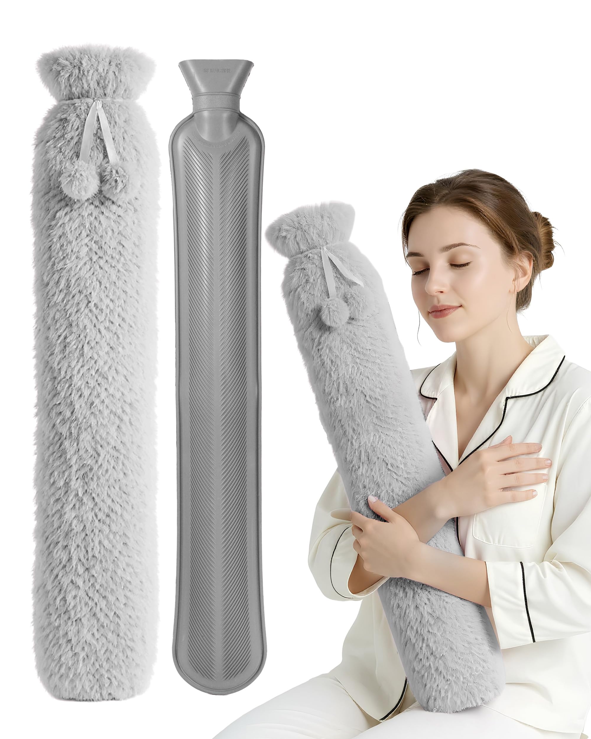 Keplin Grey 2L Long Plush Cosy Hot Water Bottle With Knitted Cover,