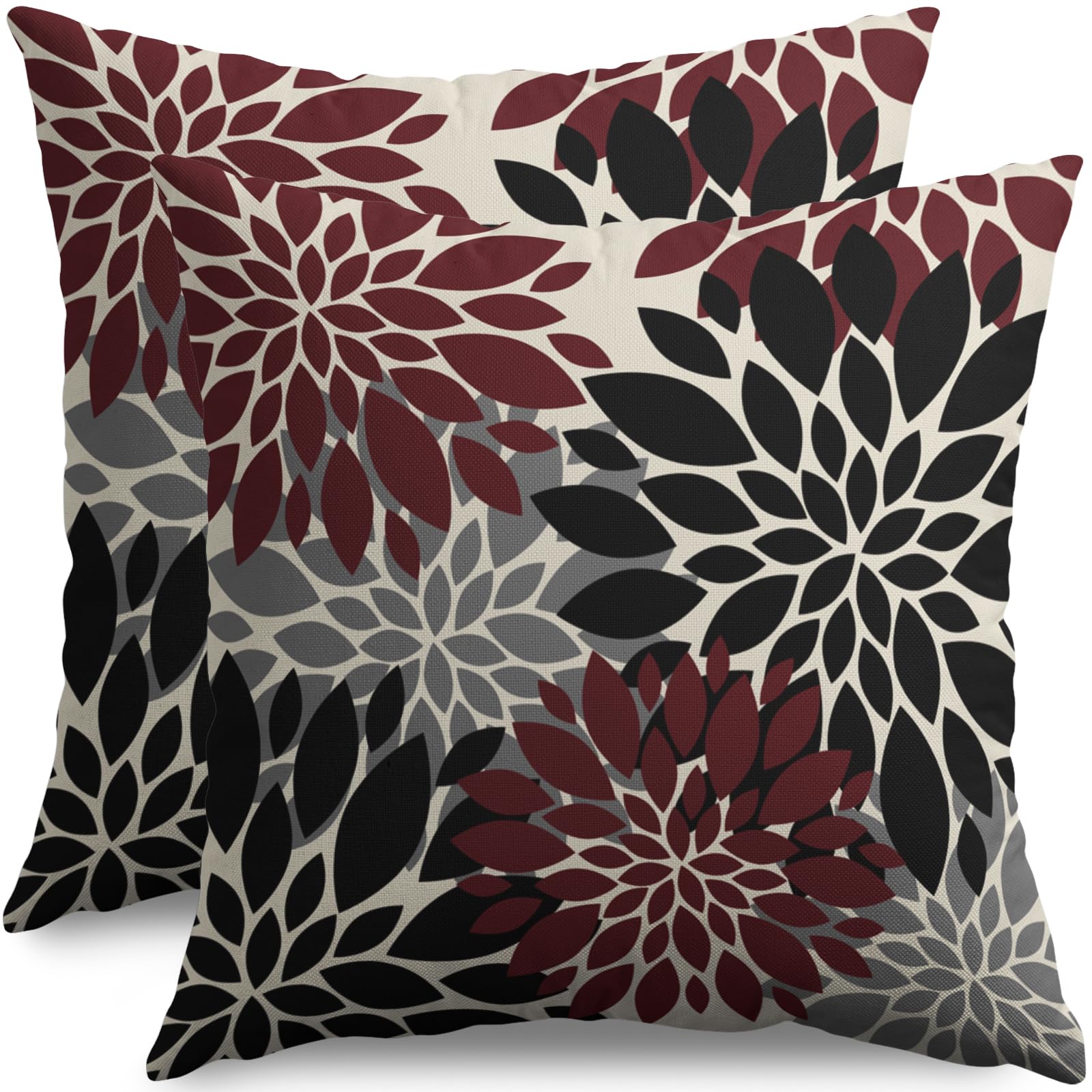 Smozenith Black Burgundy Pillow Covers 24X24 Inch Set of 2, Spring Summer Floral Dahlia Flower Cream Decorative Throw Pillow Covers Outdoor Modern
