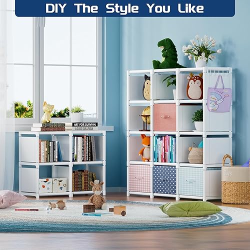 Miniatura 17 de Mavivegue Estante para libros, organizador de almacenamiento de 9 cubos, estantería de bricolaje, estantería de cubo de metal, estuche alto para