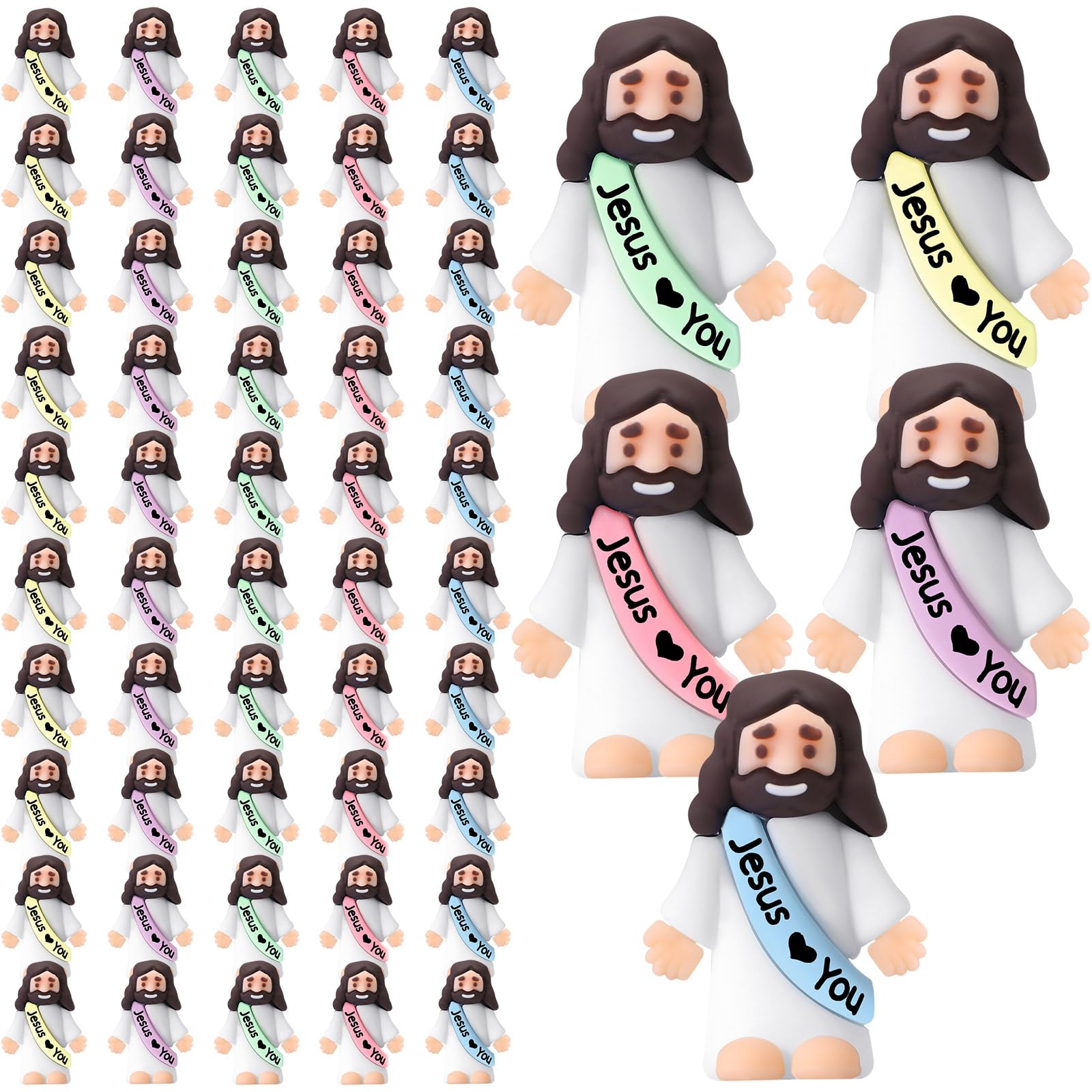 Bememo 50 Pcs Mini Jesus Figures Jesus Loves You Christ Toys Little Christ Figures to Hide and Seek Sunday School Religious Party Favors Gift(Macaron