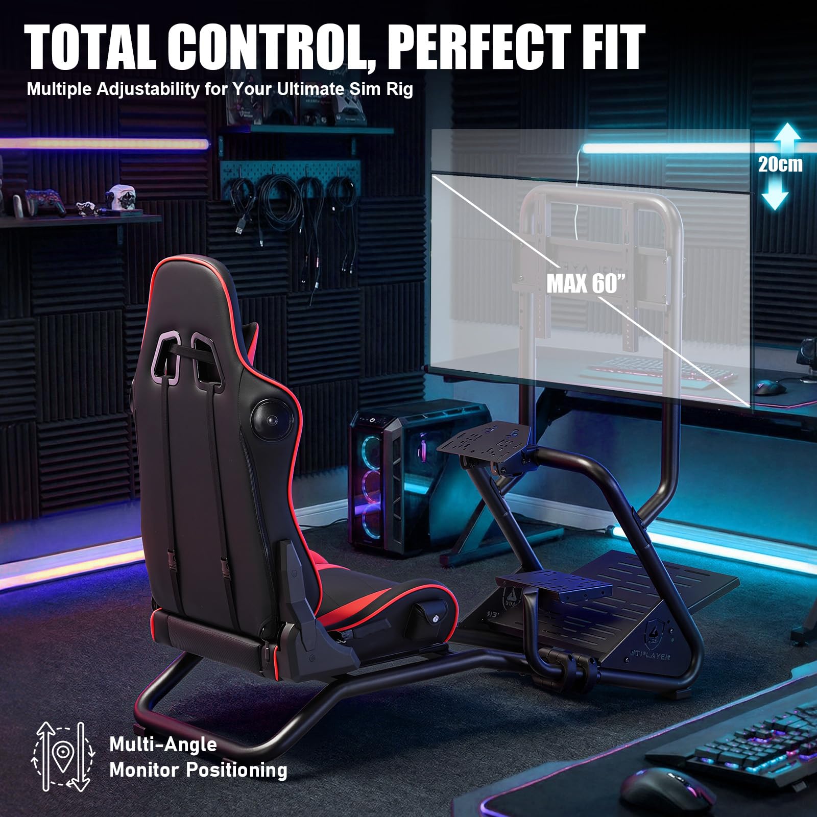 GTPLAYER Simulator Cockpit, Supporto per volante da simulatore di corse con altoparlanti stereo 3D, con supporto regolabile per volante, monitor, cambio e pedali (Rosso)