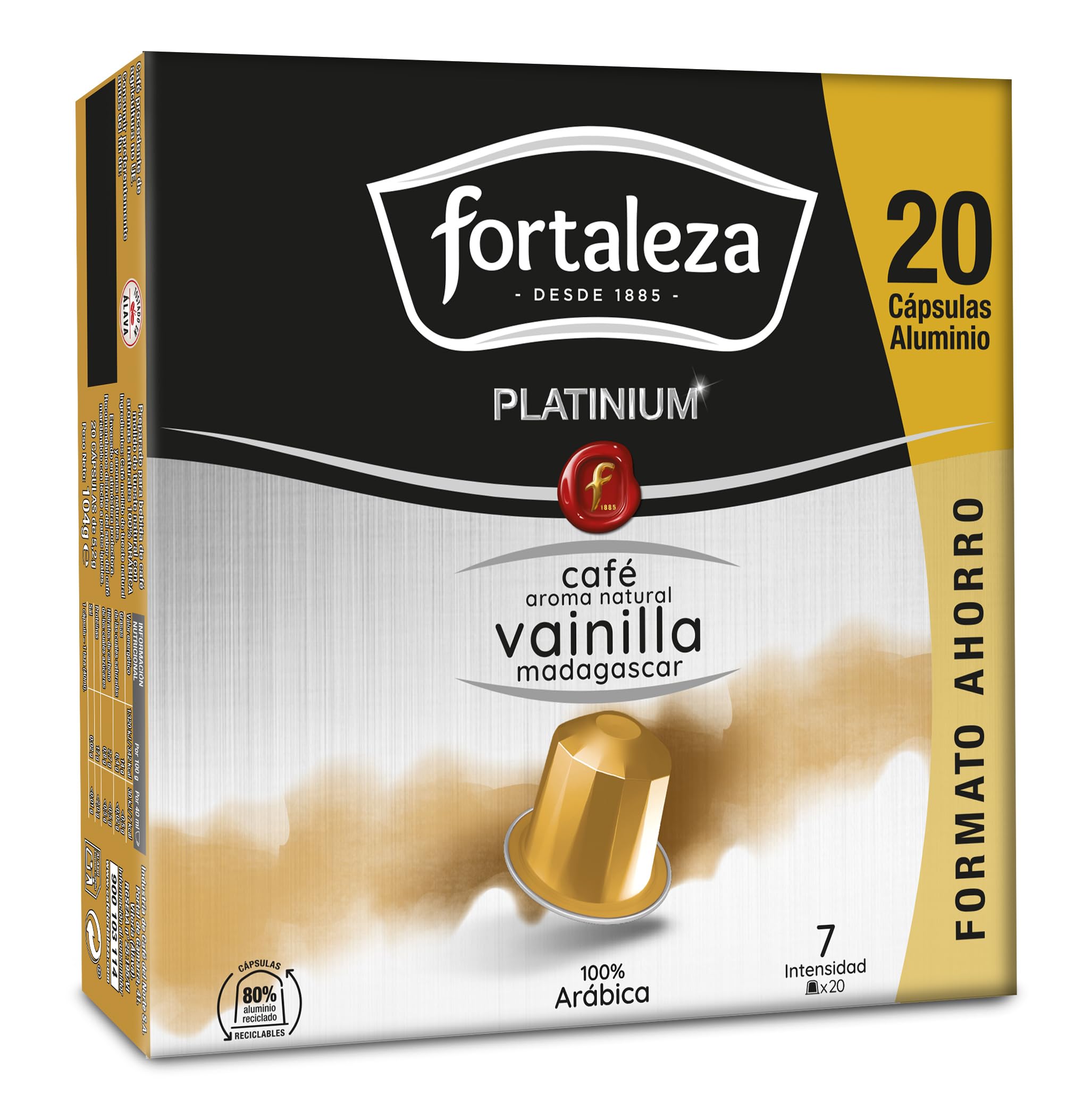 Café Fortaleza Platinium - Cápsulas Compatibles con Nespresso, de Aluminio, Café con Aroma Vainilla Madagascar, 100% Arábica, Tueste Natural, Pack 8x20 - Total 160 uds