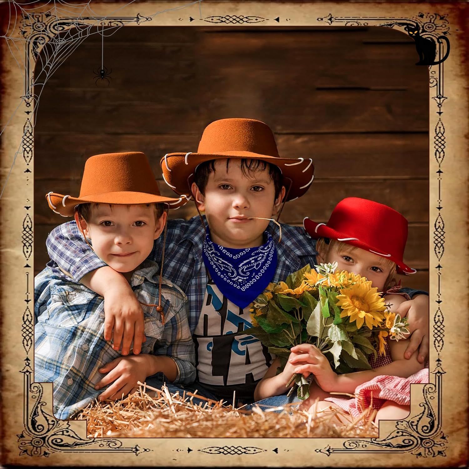4 Pcs Child Western Cowboy Hats and Bandanas, Red and Brown Cowgirl Hats for Toddlers & Kids 3-6 for Halloween Costume - Image 7