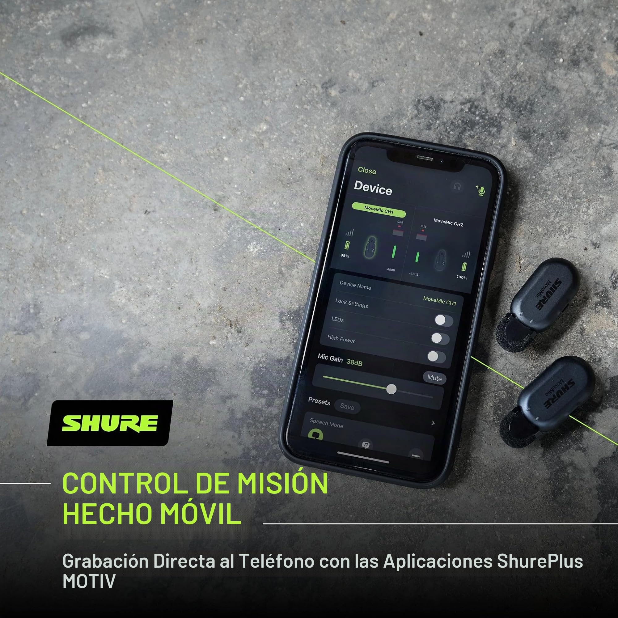 Shure MoveMic Two Kit- Pro Direct to Phone Micrófono inalámbrico Lavalier para iPhone y Android, Bluetooth Mini Mic, Carga de 24 horas, Configuración rápida, IPX4, Portable Clip Lavs (MV-TWO-KIT-Z6)