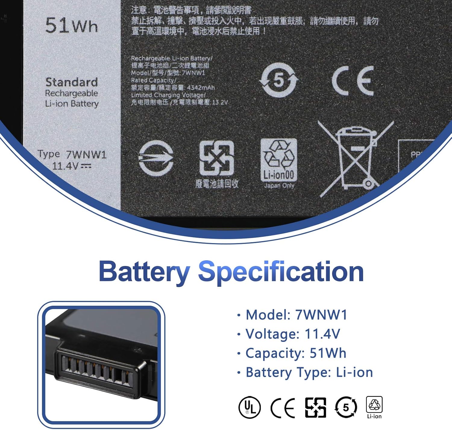 ANTIEE 51Wh 7WNW1 Laptop Battery for Dell Latitude 14 5420 5424 7424 14" P137G P85G P86G P137G001 P137G002 P85G001 P86G001 Rugged Extreme GK3D3 DMF8C DMF0C DMF8C 6NNCF DP3KF 0DMF8C 0GK3D3 451-BCHV