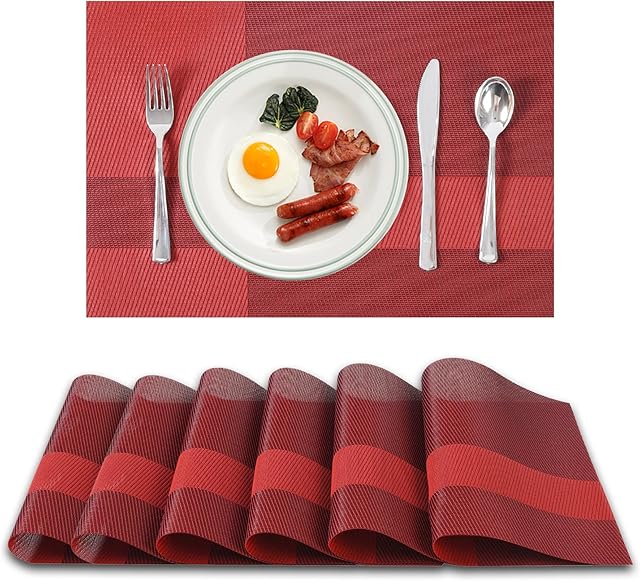 AZONEZ Table Mats Set of 6  Heat Resistant Place Mats for Table, Woven Vinyl Table Placemats for Dinner, 45x30cm Non Slip Washable for Home, Restaurant (Wine & Red)