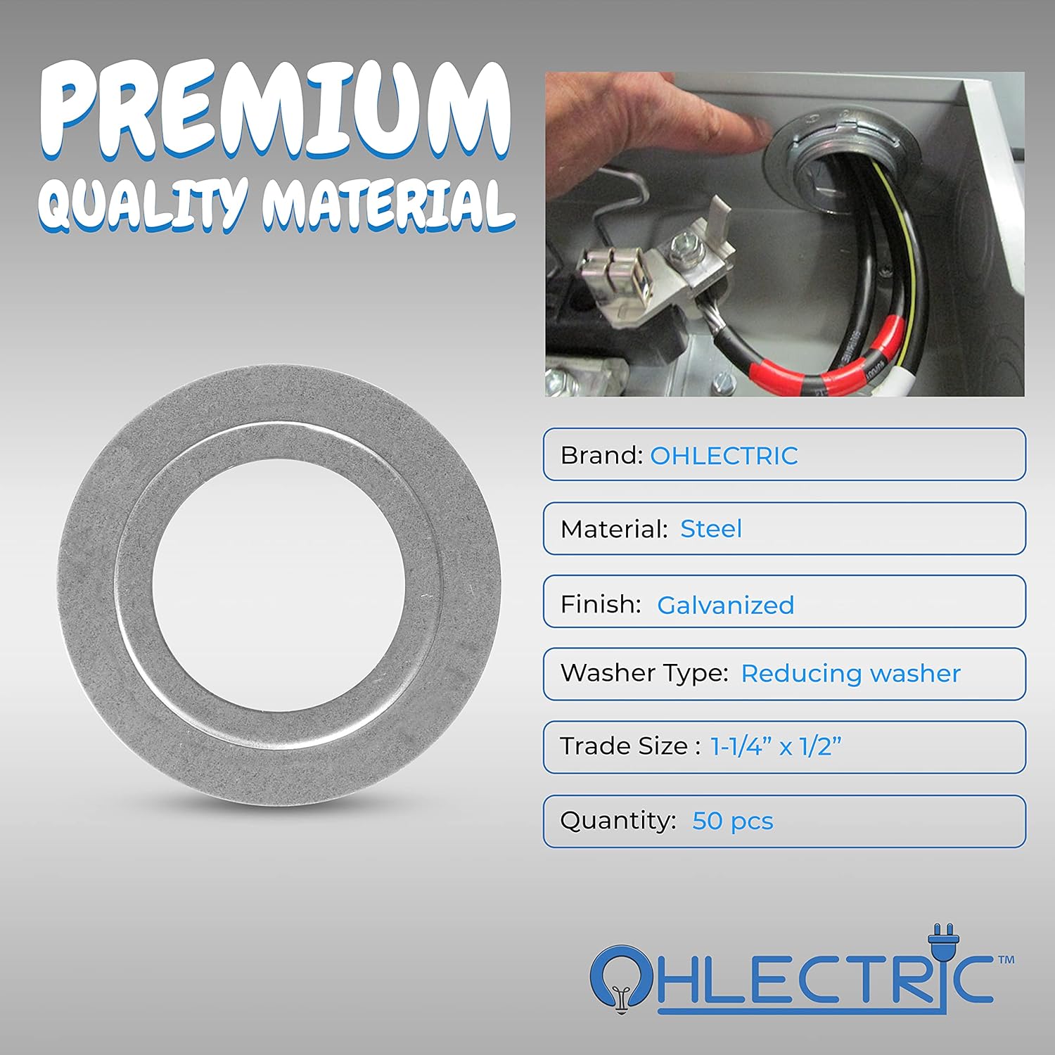 OHLECTRIC Reducing Washer 1¼ × ½ Inches (50 Pack) Heavy Duty Galvanized Steel, Silver, Flat Washer, cULus Listed, Reduce Oversized Openings of Metal Outlet Box