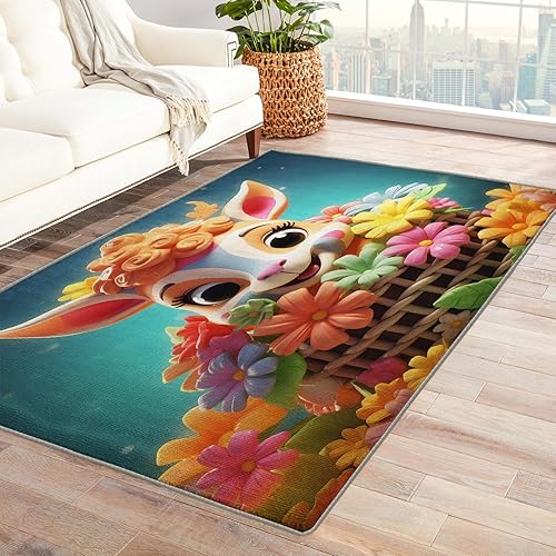 Deer Cartoon 3x4 Rugs for Entryway Bedroom Living Room, Flower Washable Non-Slip Soft Low Pile Area Rug, Dorm Dining Room Nursery Carpet, Indoor