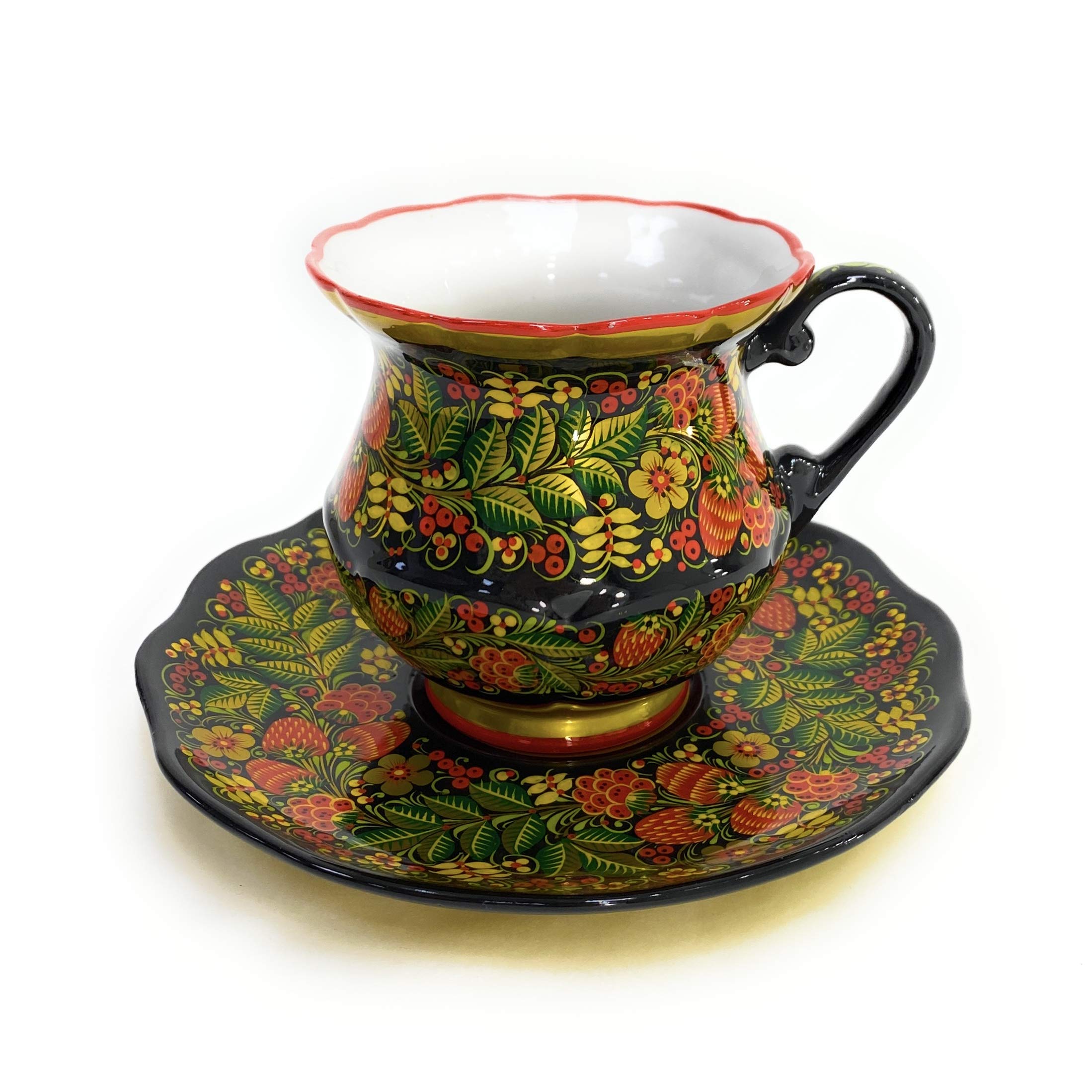 The exclusive porcelain tea cup and saucer set author's painting"Berries". Collaboration of the most famous factories in Russia Khokhloma and Gzhel. Made in Russia by hand by RUS Heritage.