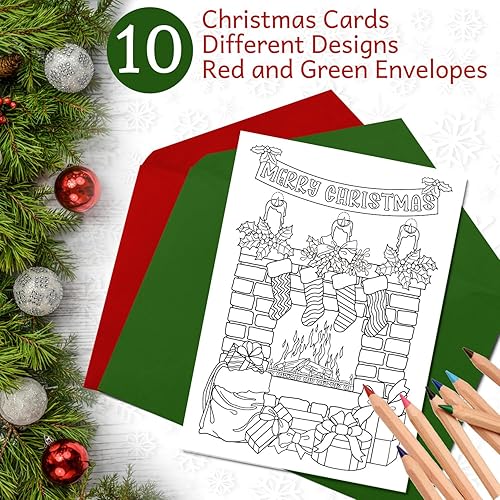 Miniatura 3 de Art Eclect Tarjetas navideñas para colorear para adultos, 10 tarjetas diferentes cada una, 5 sobres rojos y 5 verdes incluidos (Navidad F110)