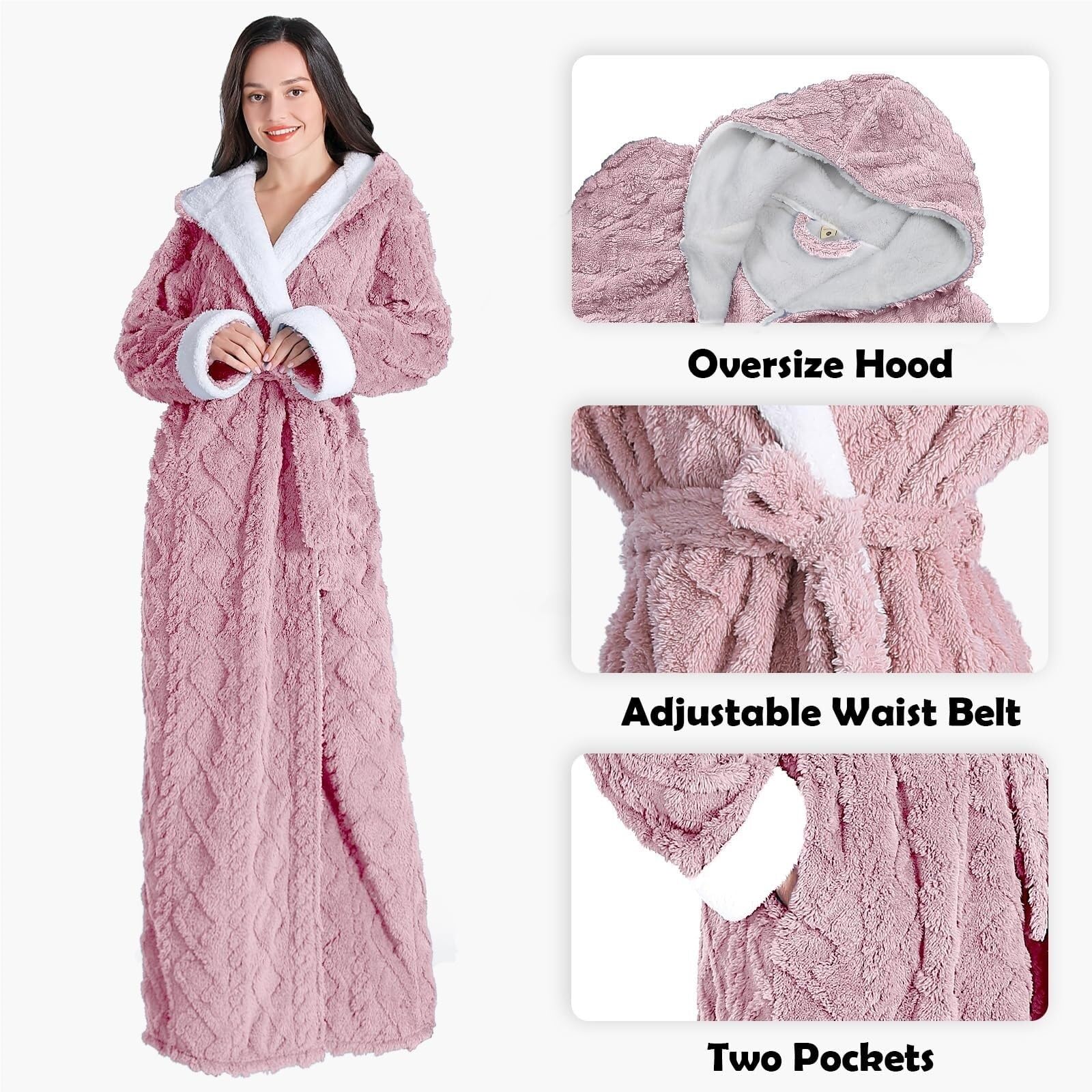 Szlafrok Damski Długi Szlafrok Z Polaru Sherpa, Kapturem, Żakardowy, Ciepły Zimowy Płaszcz Odzież(Pink,M)