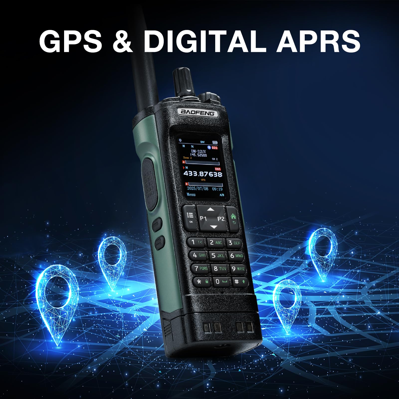Radio DMR BAOFENG DM-32UV 10 W, UHF/VHF/AM/FM Portable avec GPS et APRS numérique, Double Emplacement Tier II, écran Couleur 2", 4 000 canaux, 50 000 Contacts, étui de Transport, Vert