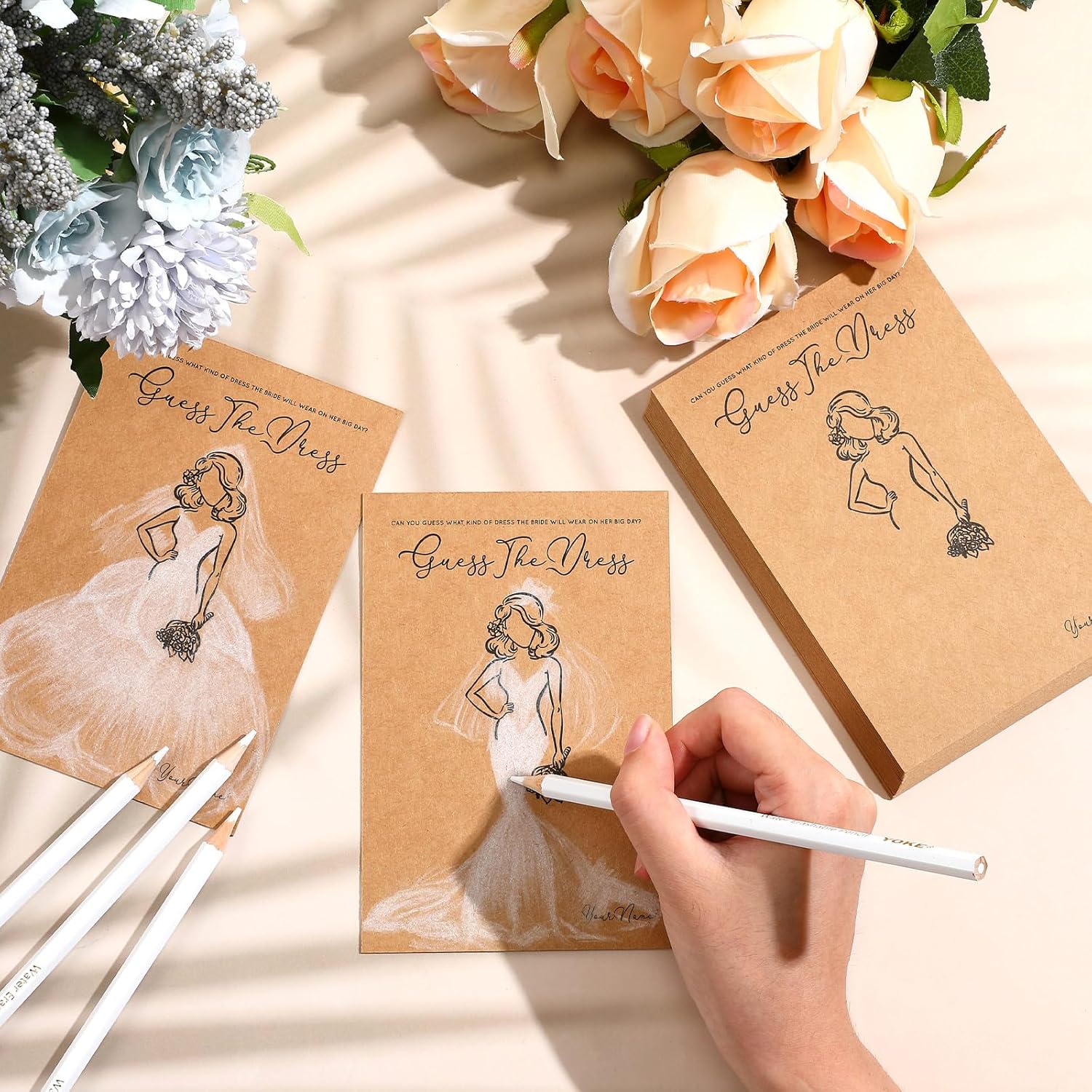 Fulmoon 50 Packs Guess The Dress Bridal Shower Games for Guests Include Wedding Shower Games Cards and Water Soluble Pencils Fun Wedding Decorations Party Supplies Games Ideas(Brown)