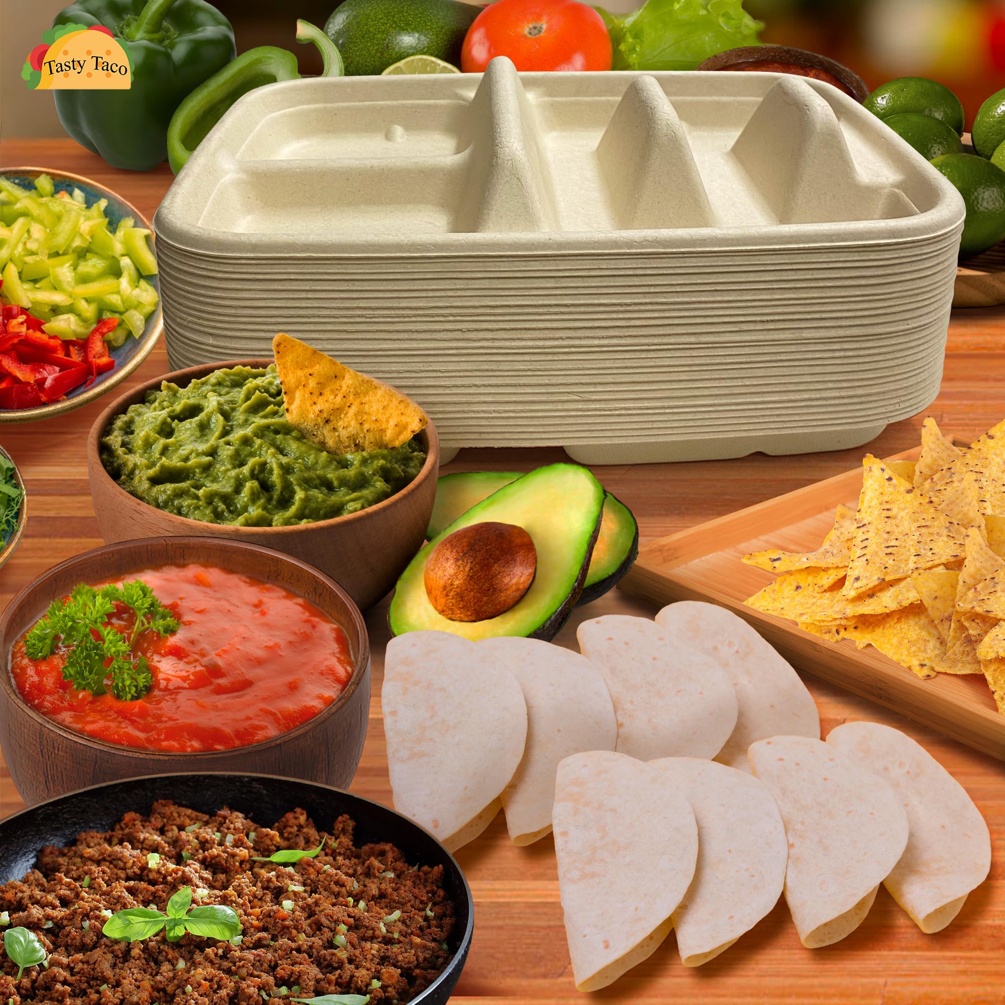 Disposable Taco Plates For 2 Tacos & 2 Sides – 50 PACK
