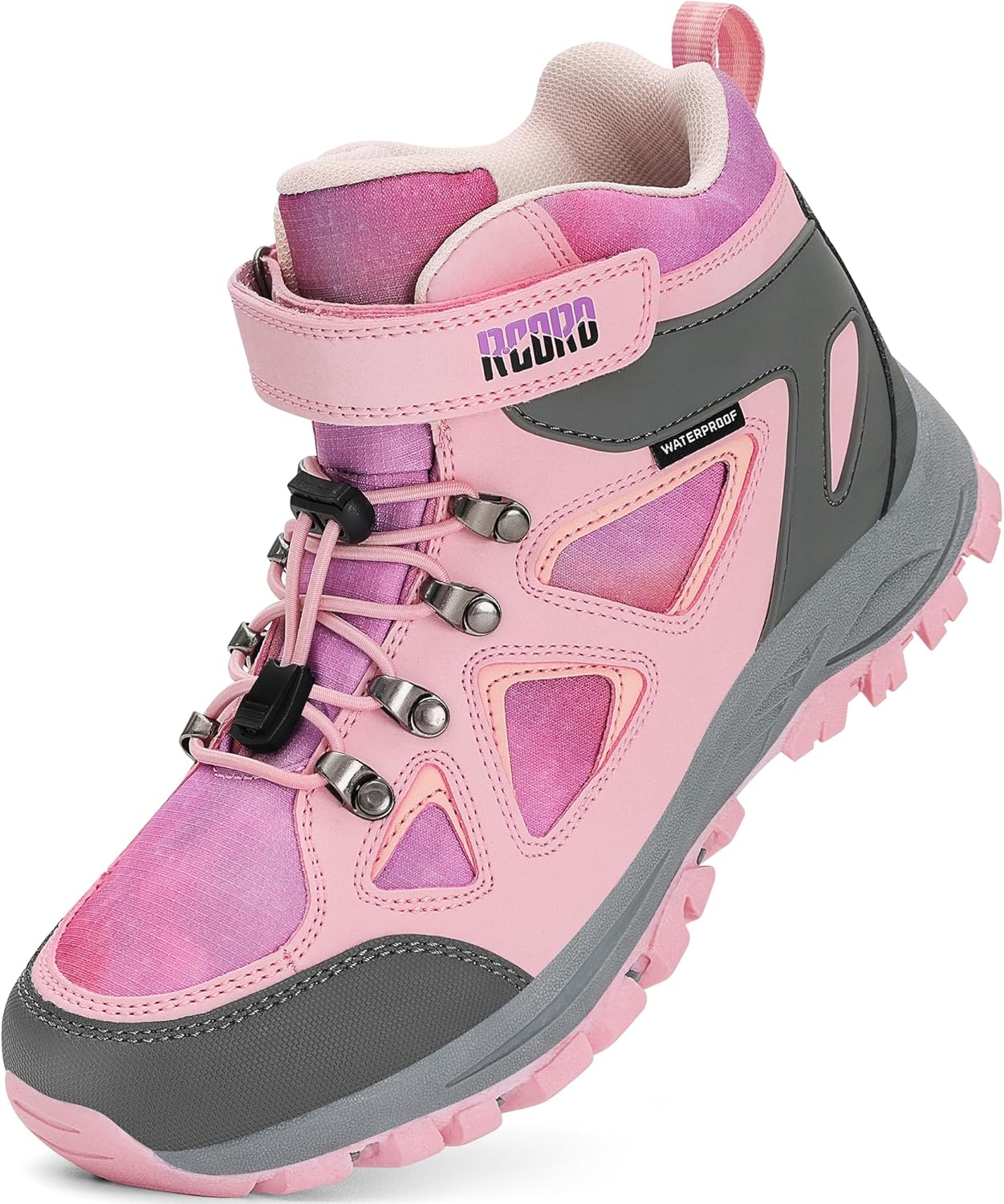 R CORD Kids Hiking Boots Drawstring Closure Girls Hiking Boots Waterproof Durable TPR Traction Outsole Anti-Skid Athletic Outdoor Boots 2 Little Kid Pink