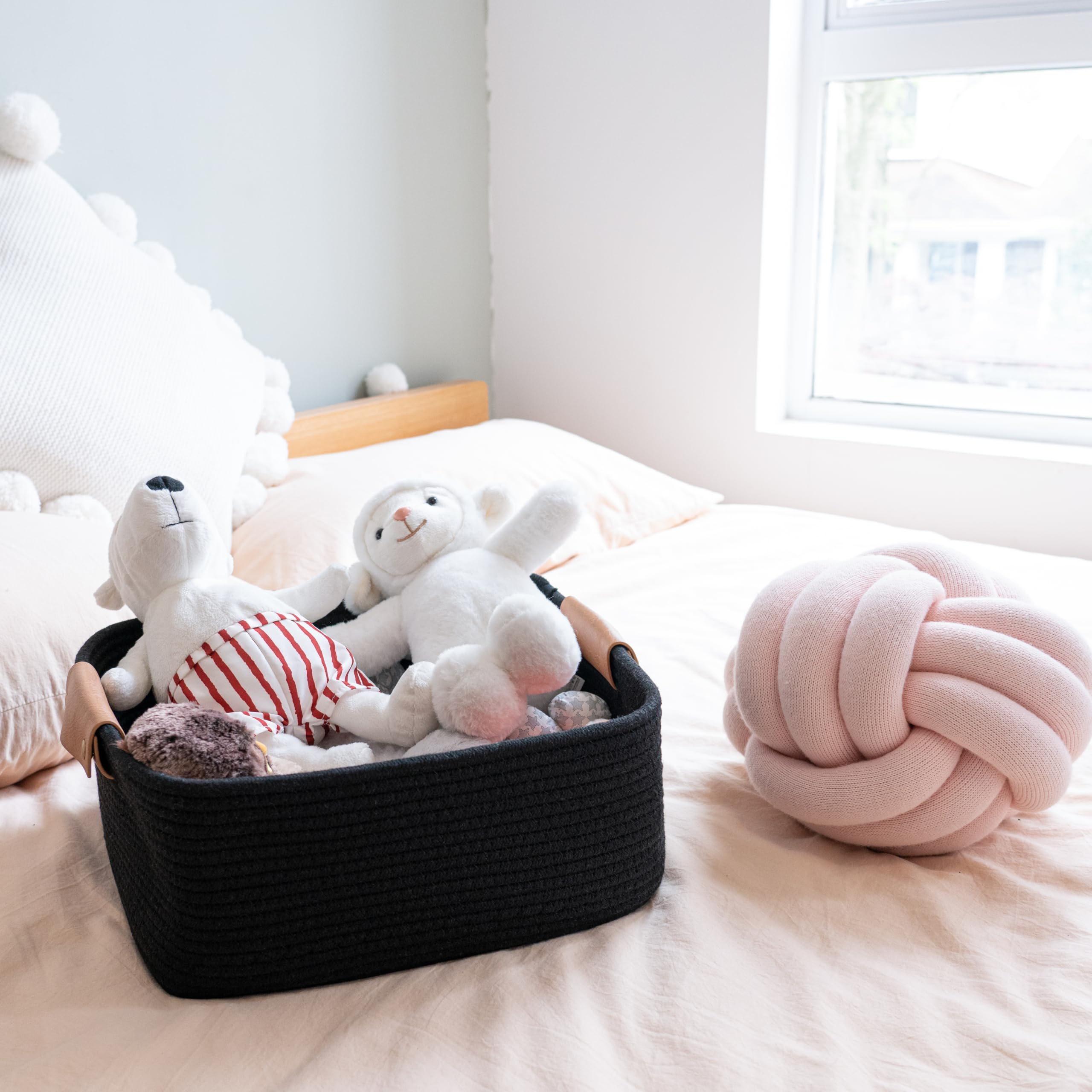 CHICVITA Cesto rettangolare in corda di cotone intrecciato con manici per libri, riviste, giocattoli, cestino decorativo rettangolare per cameretta dei bambini, soggiorno, bagno, nero