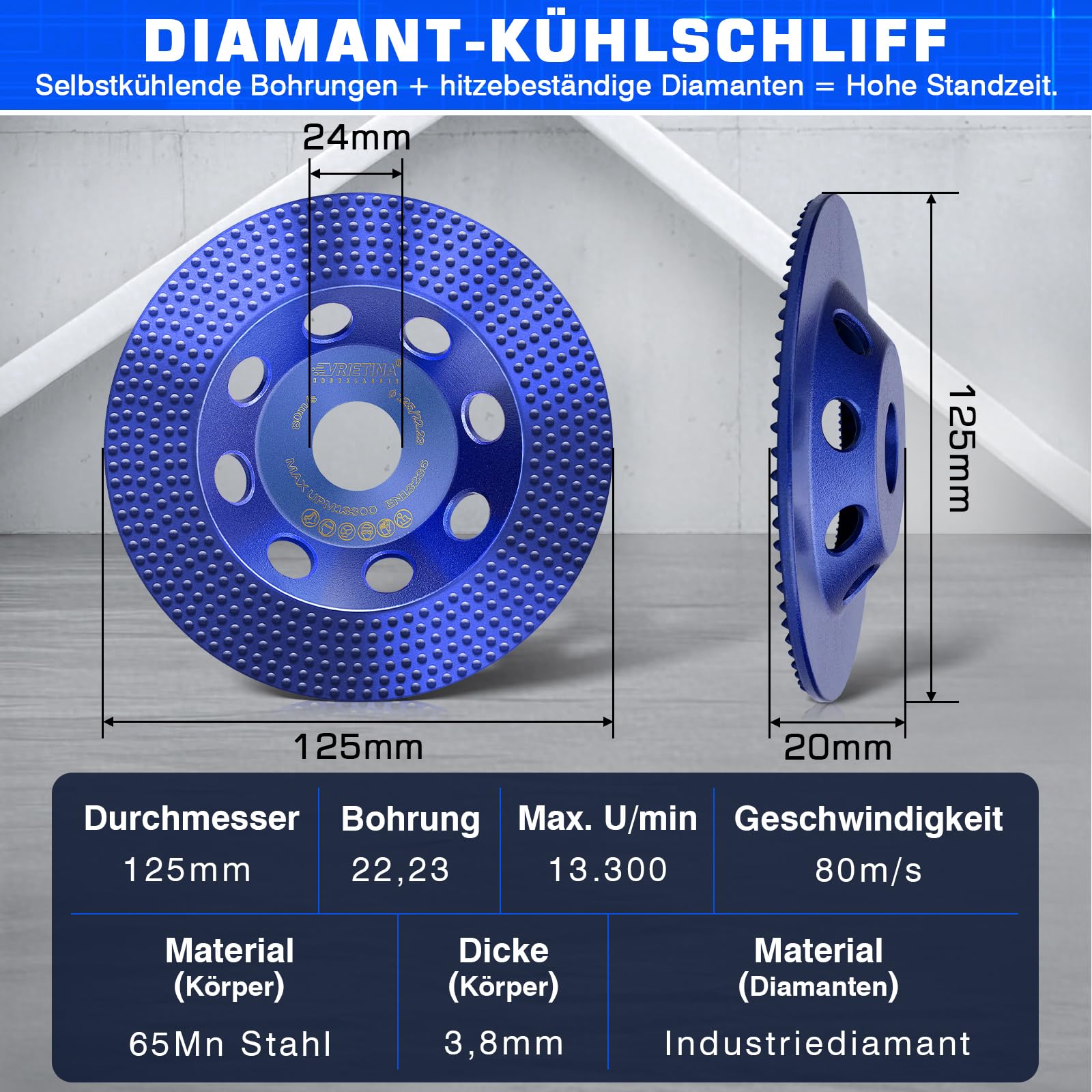 Diamentowa tarcza szlifierska 125 mm, diamentowa tarcza szlifierska [125 × 22,23 mm], do szlifierki kątowej, do betonu, kamienia naturalnego, muru, kleju do płytek, jastrychu, farby elewacyjnej, farby
