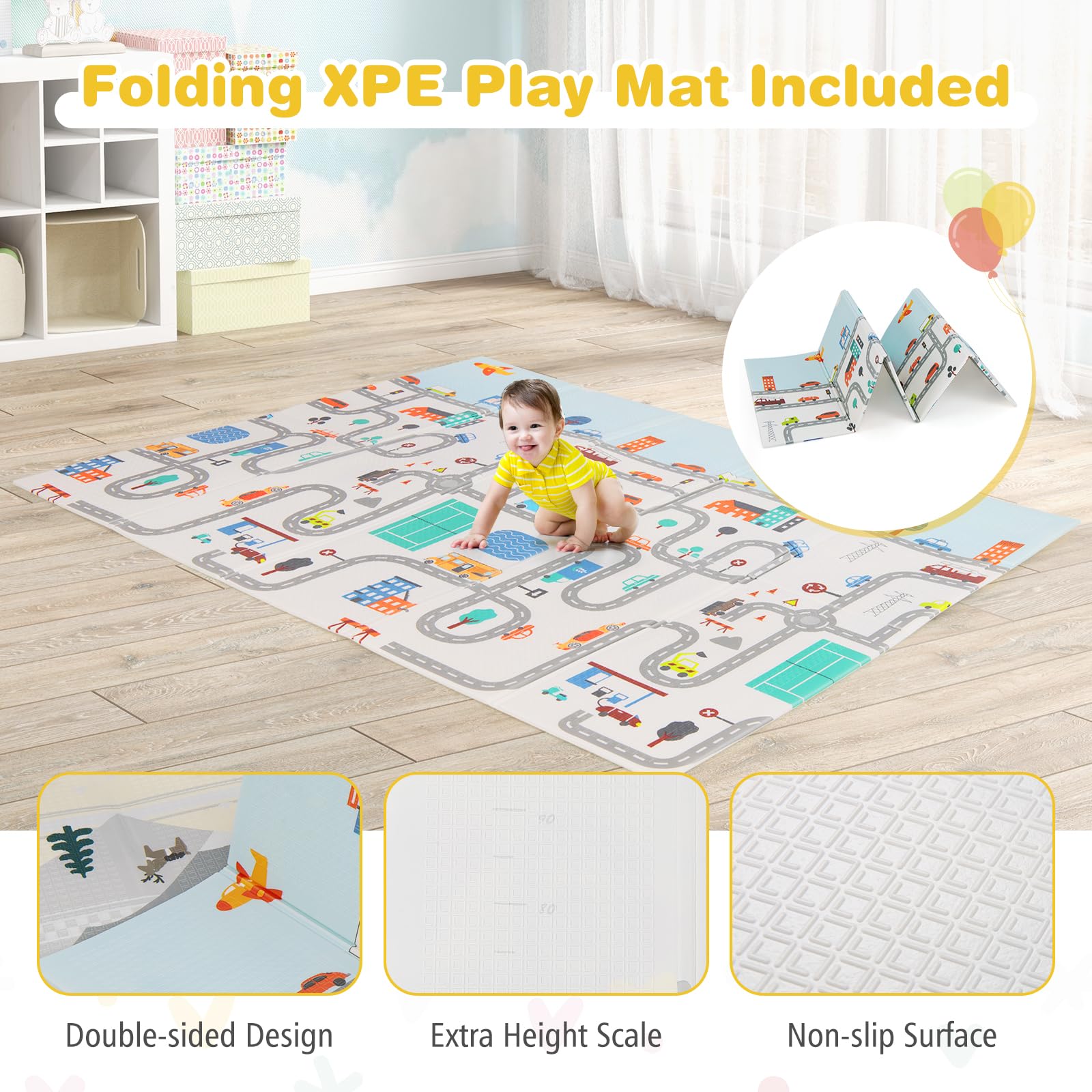 COSTWAY Laufstall Baby faltbar mit Matratze 189 x 158 cm, Laufgitter mit 50 Spielbällen & 4 Griffe, Krabbelgitter Laufgitterzelt mit atmungsaktivem Netz für Kleinkinder (Hellgrau)