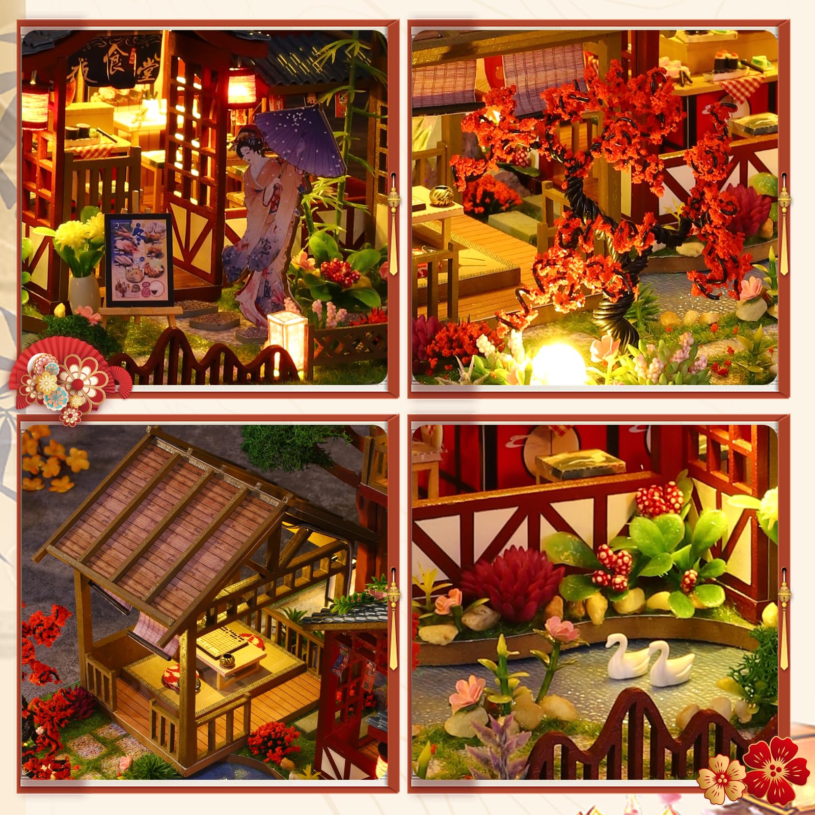 DIY Miniature Maison, Restaurant Japonais Puzzle 3D en Bois avec Lumière LED Musique, Kit de Maison de poupée pour Adultes, Maquette à Décoration pour Bibliothèque, Cadeau d'anniversaire