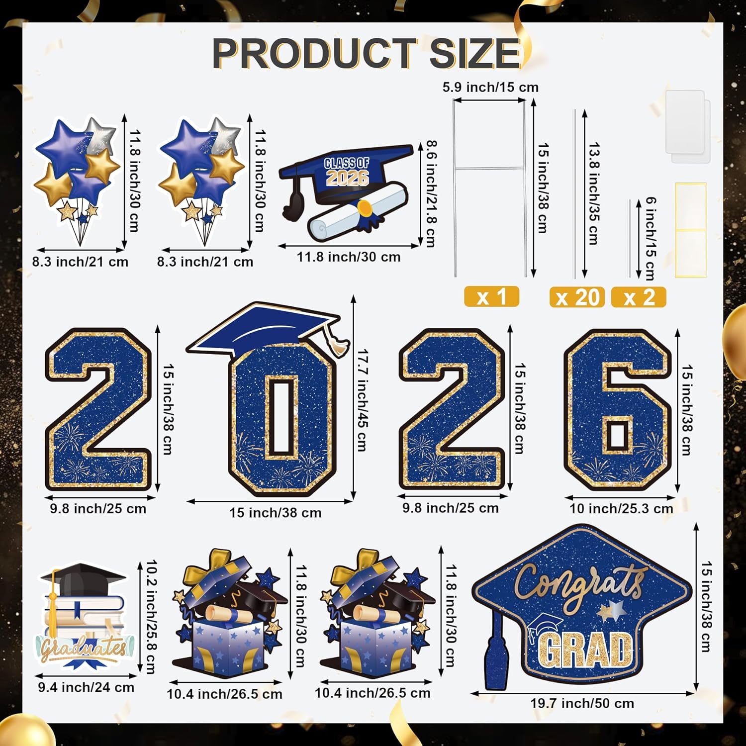 Large 11 PCS Graduation Yard Signs, Class of 2026 Congrats Grad Outdoor Lawn Yard Sign with Stakes, Graduate Yard Decorations for College High School Party, Blue and Gold