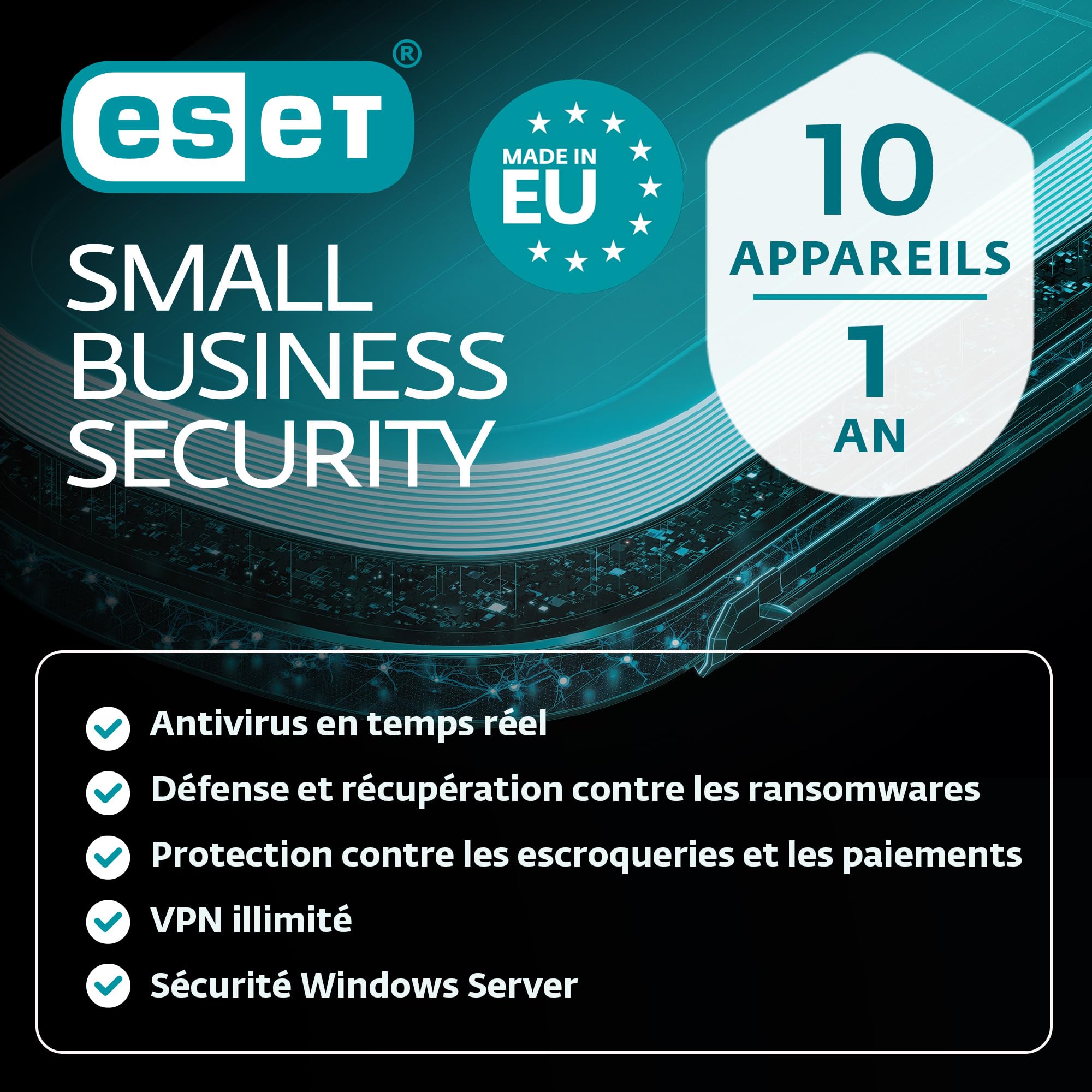 ESET Small Business Security | 10 appareils | 1 an | Antivirus, Banque sécurisée, Ransomware Remediation, VPN, Secure Data, Protection des serveurs | Clé d'activation par e-mail