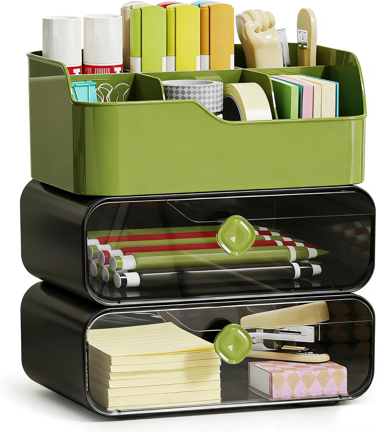 TEAMIX Organizador de escritorio de 3 niveles con 2 cajones transparentes, 6 ranuras apilables, soporte para lápices para escritorio, lindos