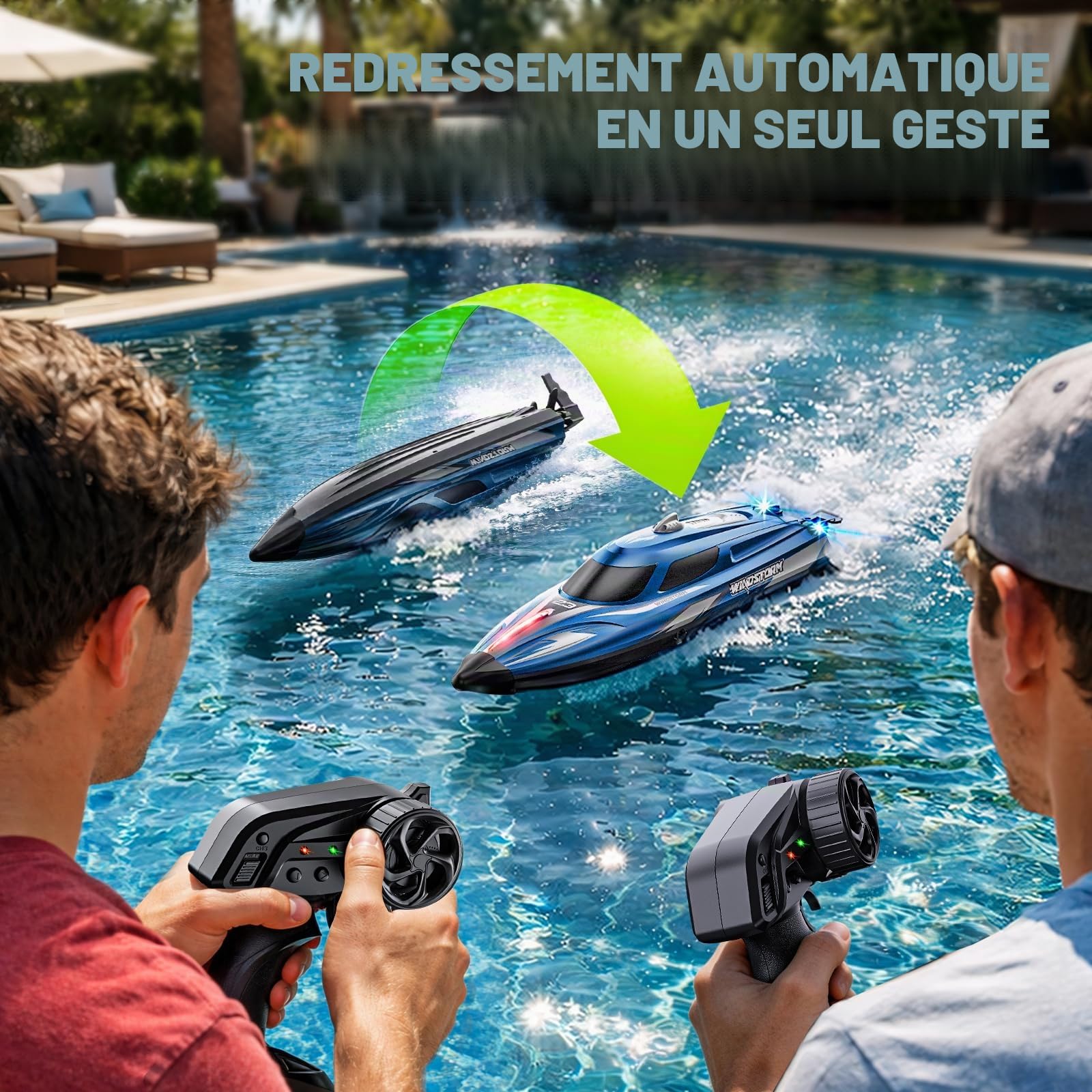 YESHIN Bateau Radiocommandé 25 km/h, 2,4 GHz avec lumières LED, 2 Piles, étanche et Anti-chavenir, Distance de Fonctionnement de 150 m, Convient pour Piscine et Lacs, Cadeau pour Enfants de 8 Ans et