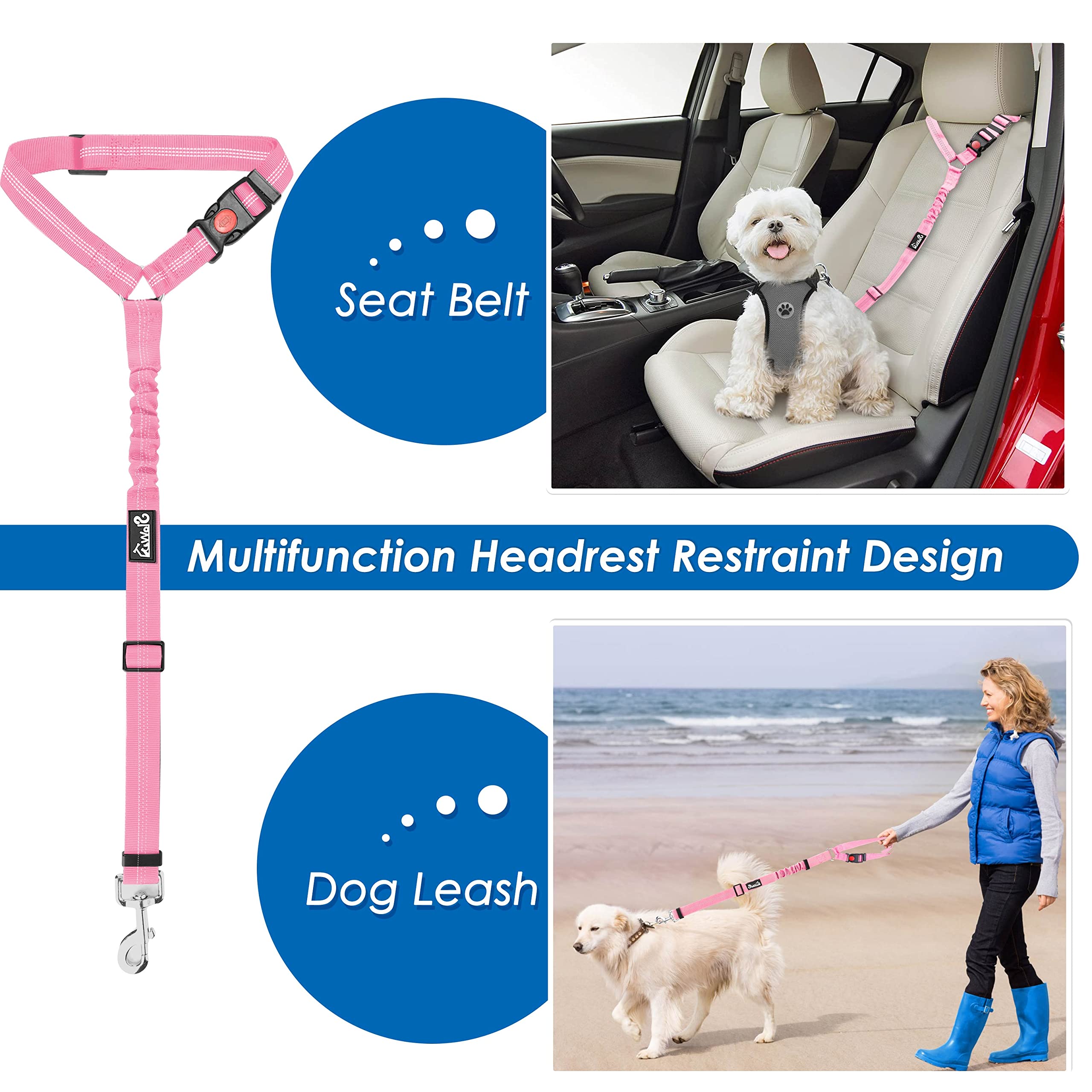 Lukovee Dog Seatbelt Leash for Cars, 2 Pack Pet Safety Seat Belt with Adjustable Buckle & Reflective Bungee, Connect Dog Harness in Vehicle Dogs Restraint Travel Daily Use (Pink) - image 8