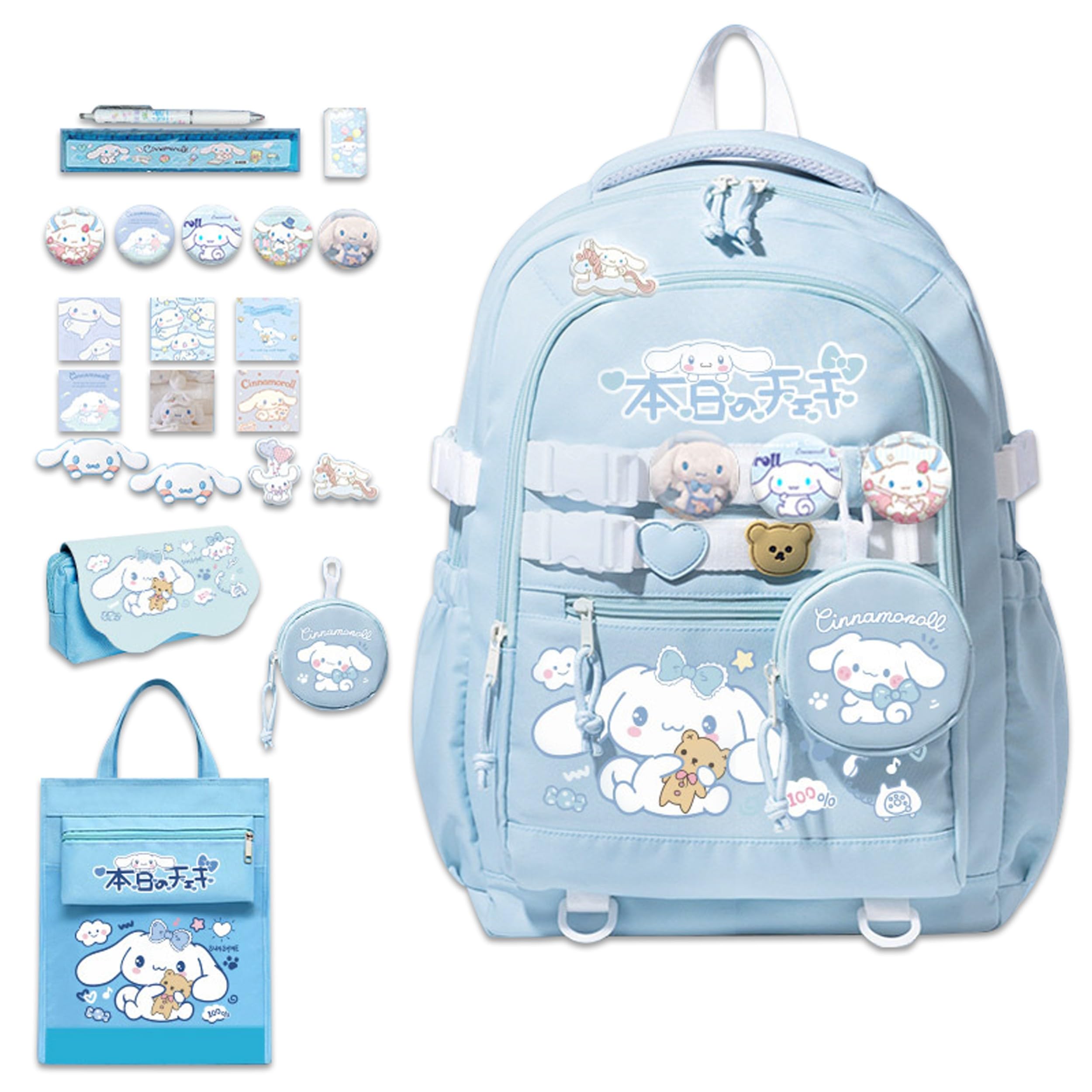 Roffatide Anime Kawaii School Backpack with 12 Pcs Accessories Cartoon Travel Aesthetic New Semester Bag with Cute Pins Anti-Theft Laptop Backpack