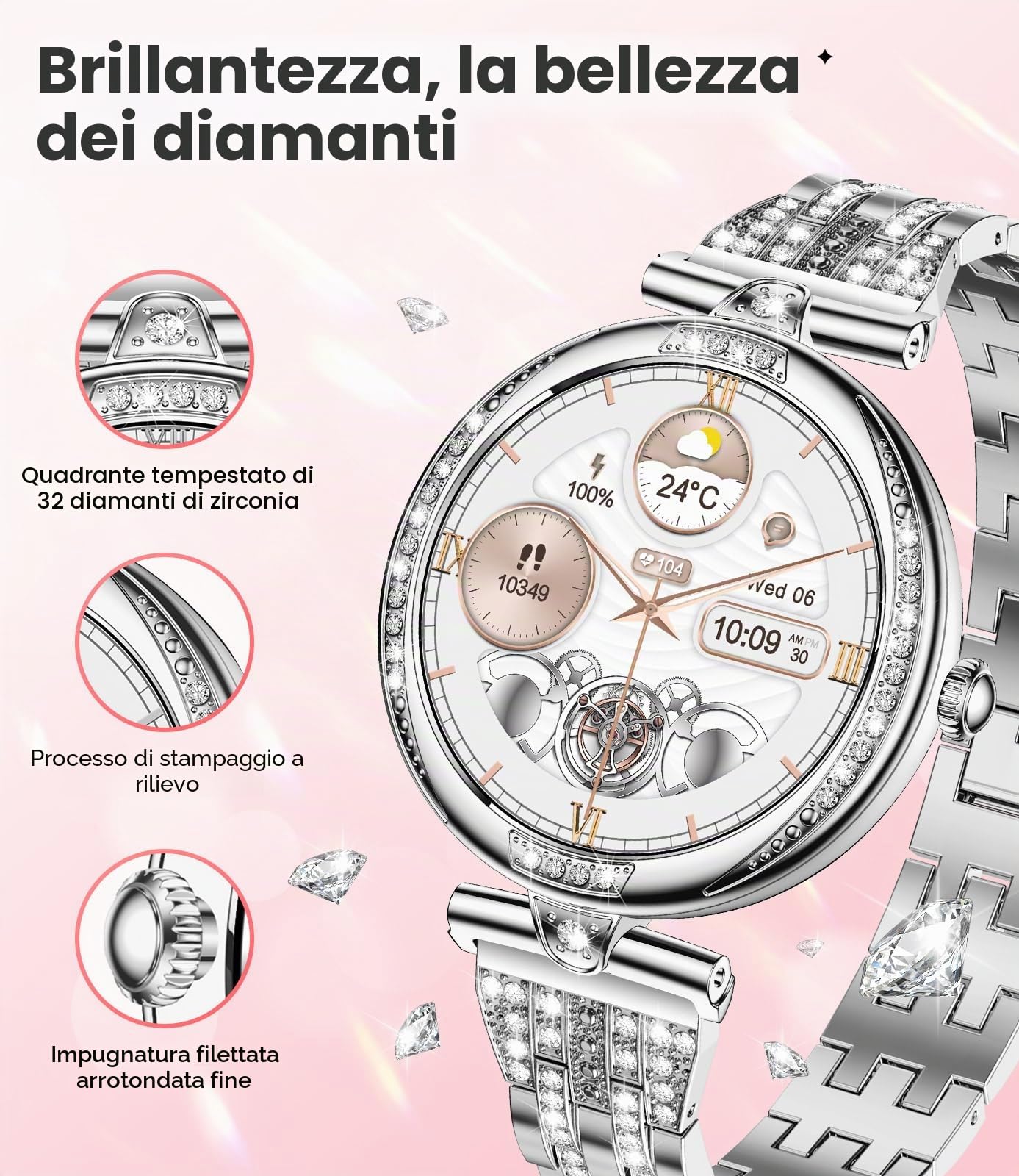 LIGE Smartwatch da donna Bluetooth chiamate per Android iOS 1.19" AMOLED Always-on Display Diamante Donna Smart Watch Piccolo Argento Acciaio Inossidabile Frequenza Cardiaca Monitor,100+ Sport Fitness