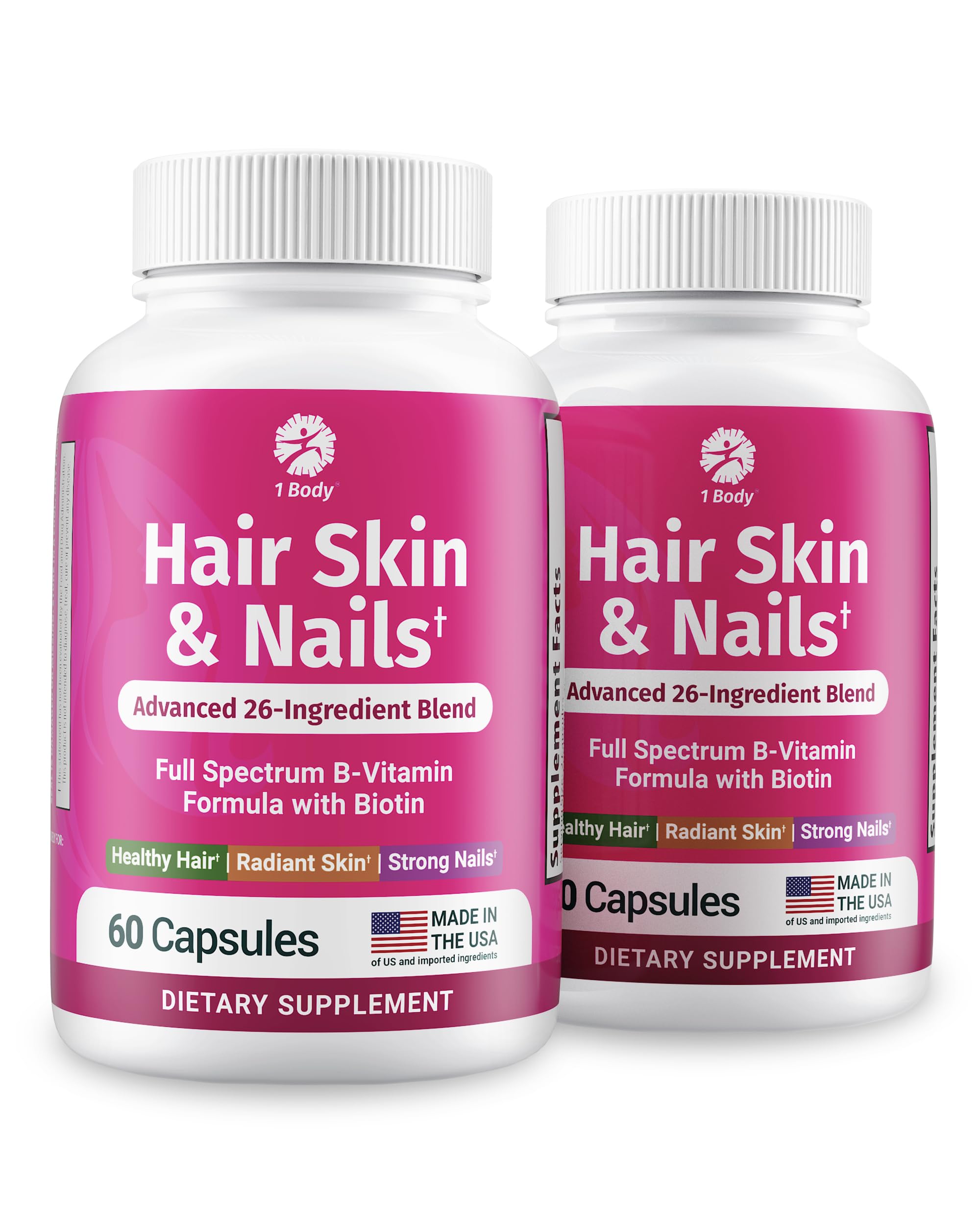 1 Body Hair Skin Nails Growth Vitamin with Biotin - Complete Formula for Men & Women - 2 Pack